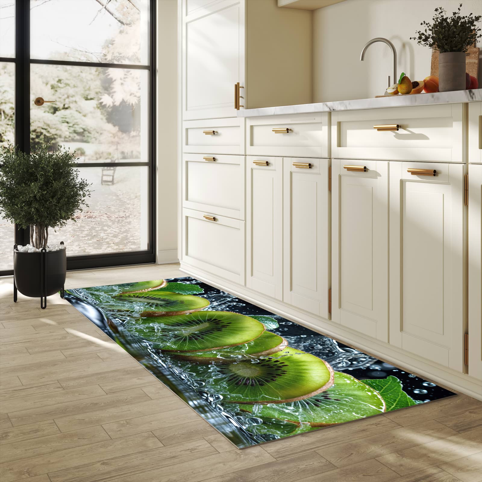 Rutschfester Küchenläufer mit Motiv Kiwi und Wasser für Trittkomfort in heller Küche