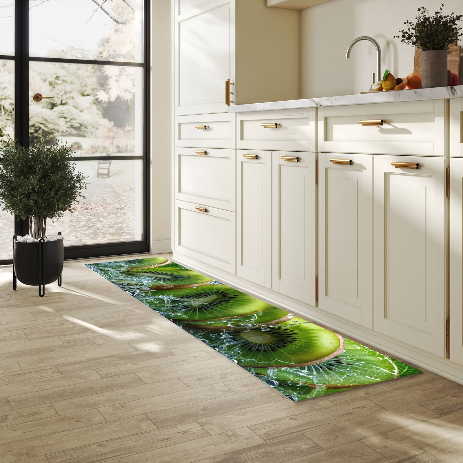 Bodenschonender großer Küchenteppich mit Motiv Kiwi und Wasser in heller Küche