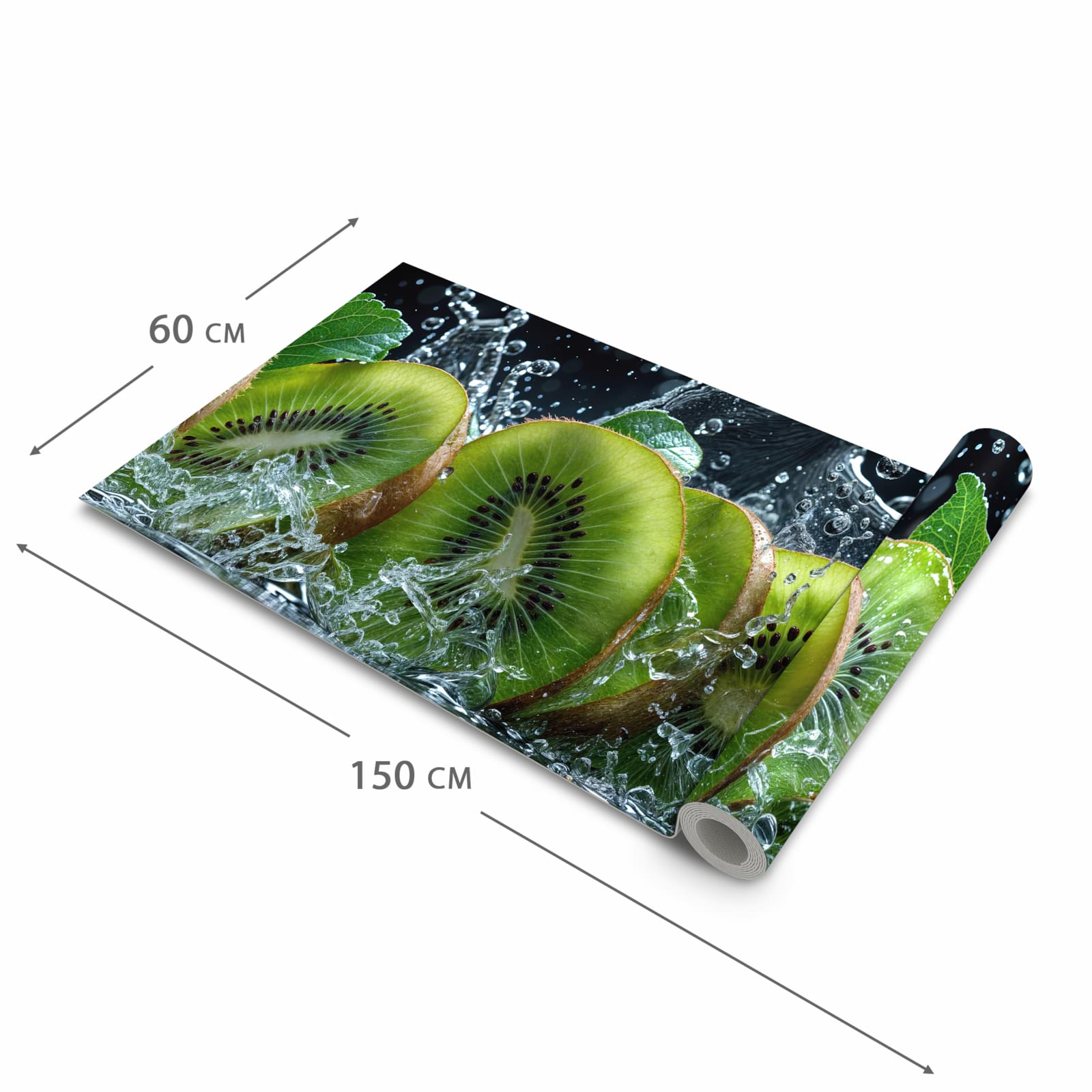 Langlebiger Küchenläufer mit Motiv Kiwi und Wasser in der Grösse 60x300 cm, waschbar