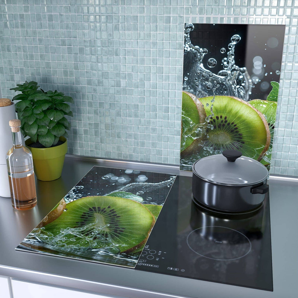 2-teilige Abdeckung für Herdplatte mit Kiwi und Wasser-Motiv als Spritzschutz hinter dem Kochfeld