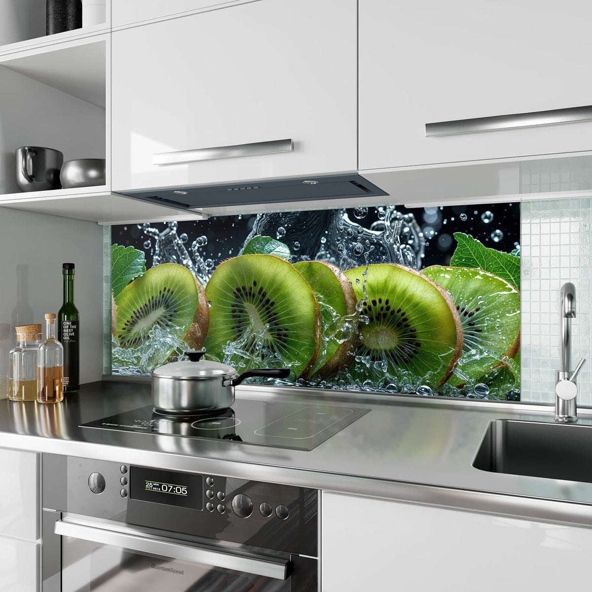 Küchenrückwand aus Glas Kiwischeiben im Spritzer im Hochformat als Spritzschutz hinter dem Kochfeld, über dem Fliesenspiegel montiert