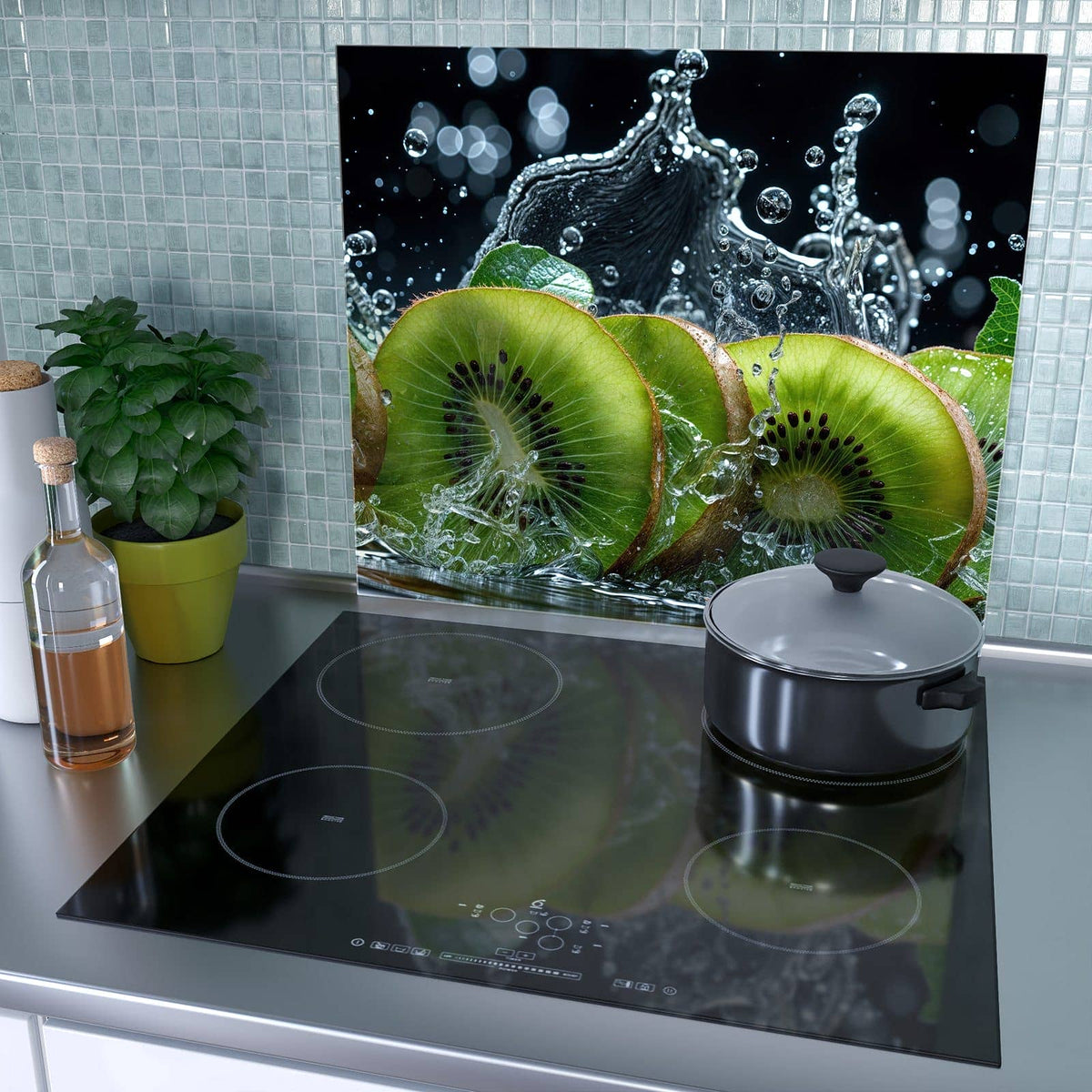 1-teilige Herdabdeckung für Induktionsfeld mit Kiwi und Wasser-Motiv als Spritzschutz hinter dem Kochfeld