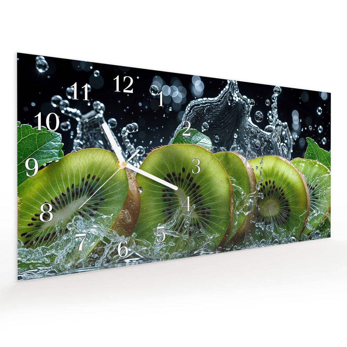 Vormontiert – mit Schwebeeffekt – Wanduhr Kiwi und Wasser aus Glas – Querformat 60 × 30 cm