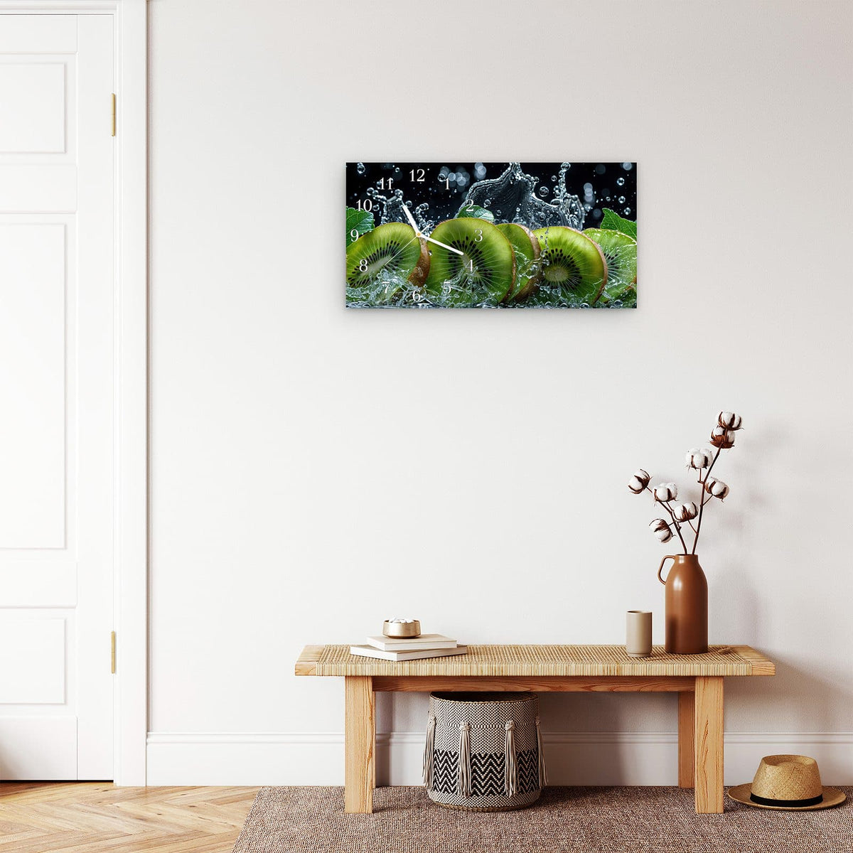 Moderne Wanduhr aus Glas mit Farbtiefe – Wanduhr Kiwi und Wasser aus Glas – Querformat 60 × 30 cm
