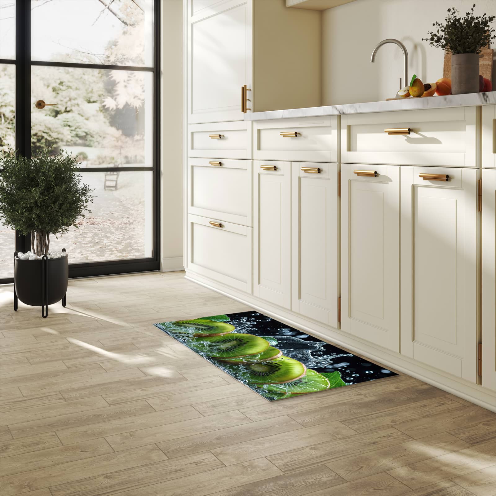 Rutschfester Küchenteppich mit Motiv Kiwi und Wasser in heller Küche