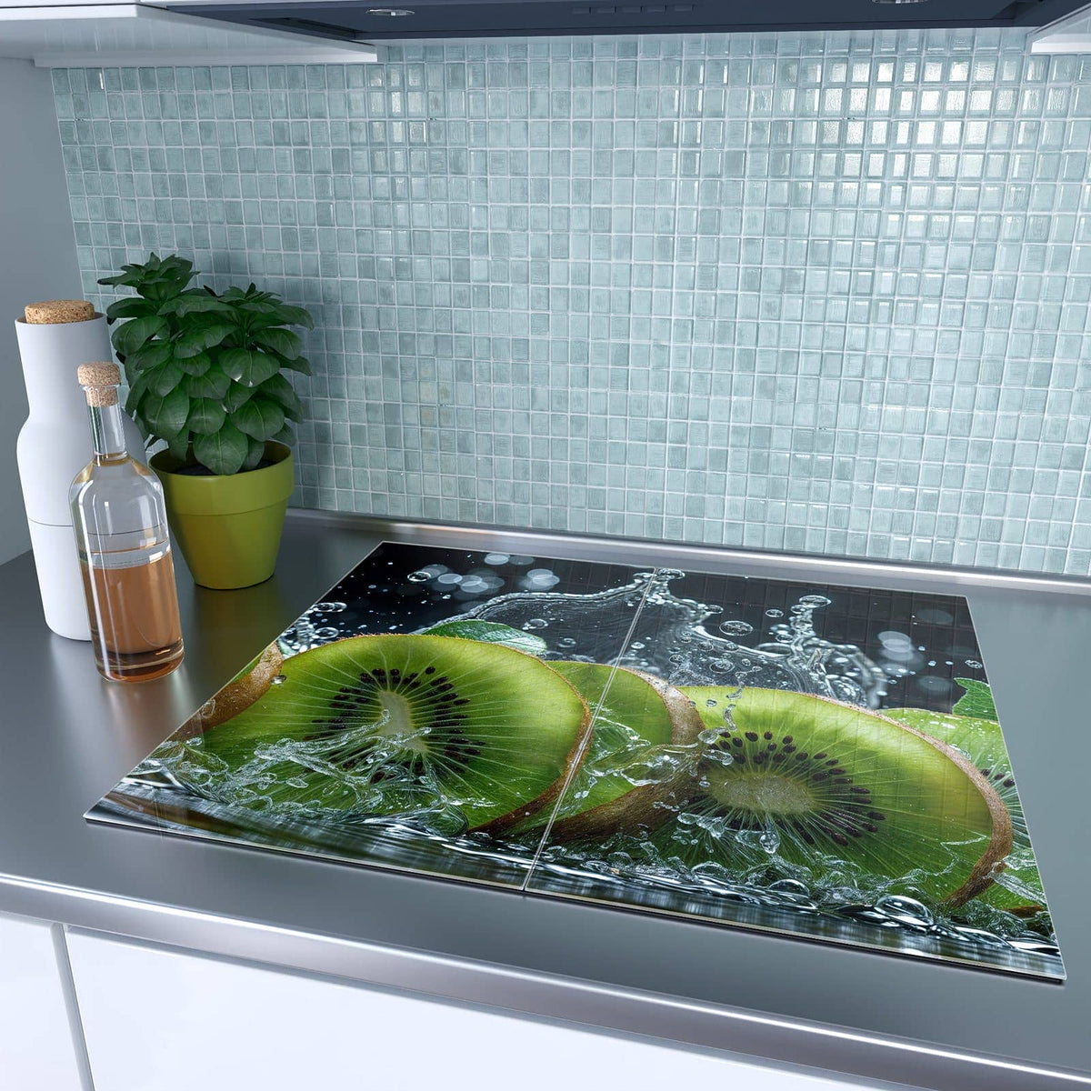 2-teilige Herdabdeckplatten aus Glas mit Kiwi und Wasser-Motiv auf dem Ceranfeld