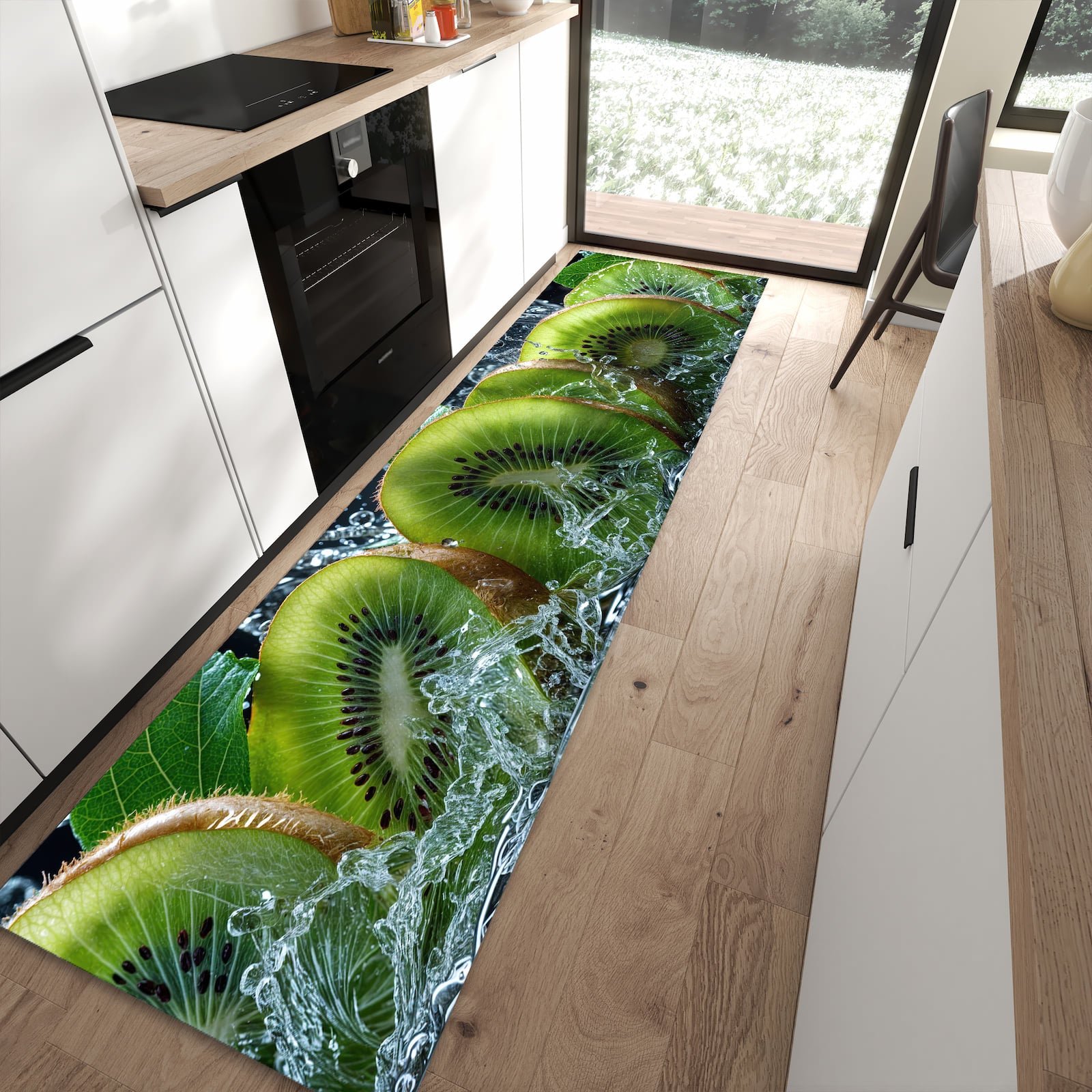 Schmutzabweisender Bodenläufer mit Motiv Kiwi und Wasser in moderner Küche