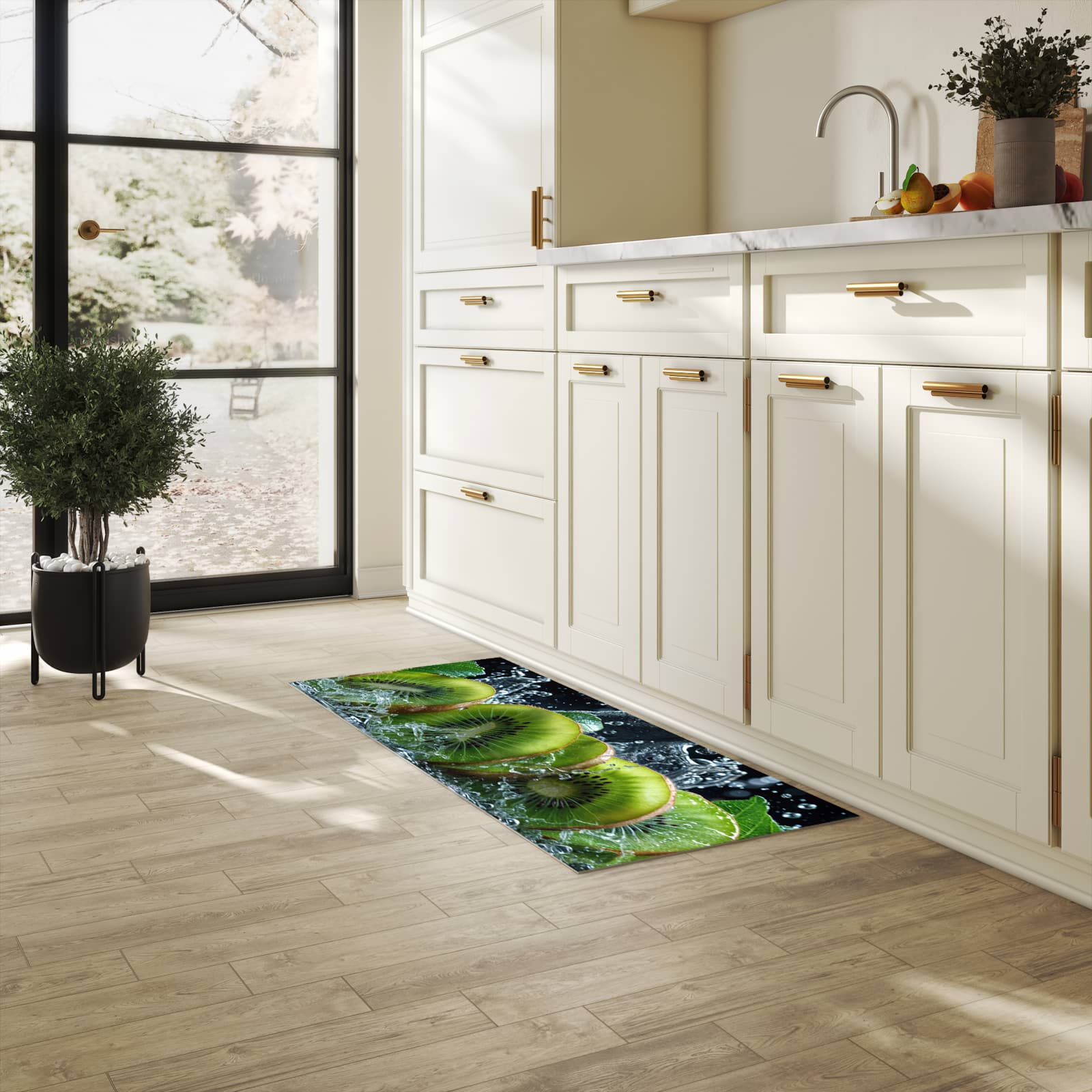 Feuchtigkeitsresistenter Küchenteppich mit Motiv Kiwi und Wasser in heller Küche