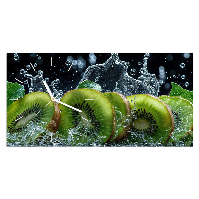 Wanduhr Kiwi und Wasser aus Glas – Querformat 60 × 30 cm mit Ziffernblatt Linie