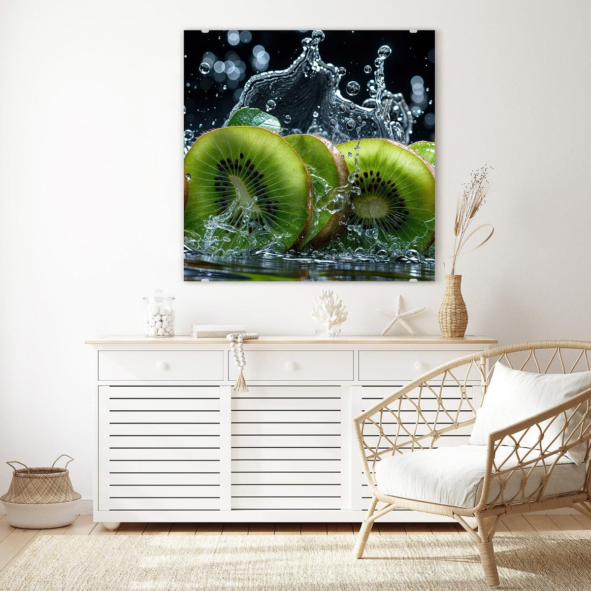 Glasbild Kiwischeiben im Spritzer an der Wand – Drei Kiwischeiben in aufspritzendem Wasser vor dunklem Hintergrund mit Bokeh