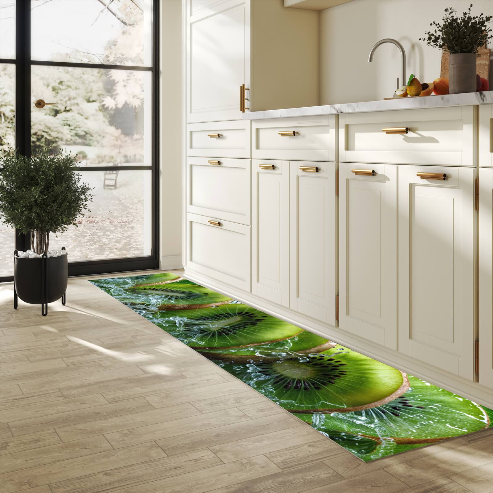 Farbbeständiger rutschfester Küchenteppich mit Motiv Kiwi und Wasser in heller Küche