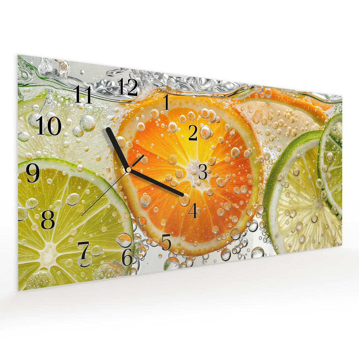Vormontiert – mit Schwebeeffekt – Wanduhr Frucht Spritzer aus Glas – Querformat 60 × 30 cm