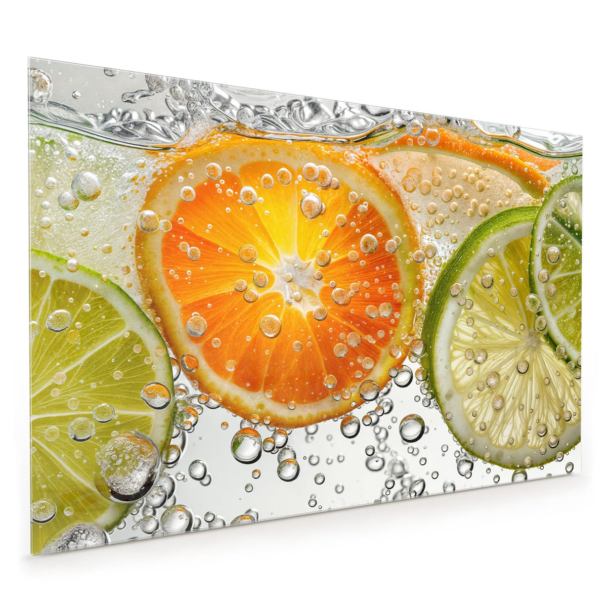 Küchenrückwand aus Glas im Hochformat mit Motiv Zitrusscheiben im Wasser: Orangen-, Limetten- und Zitronenscheiben unter Wasser mit Luftblasen