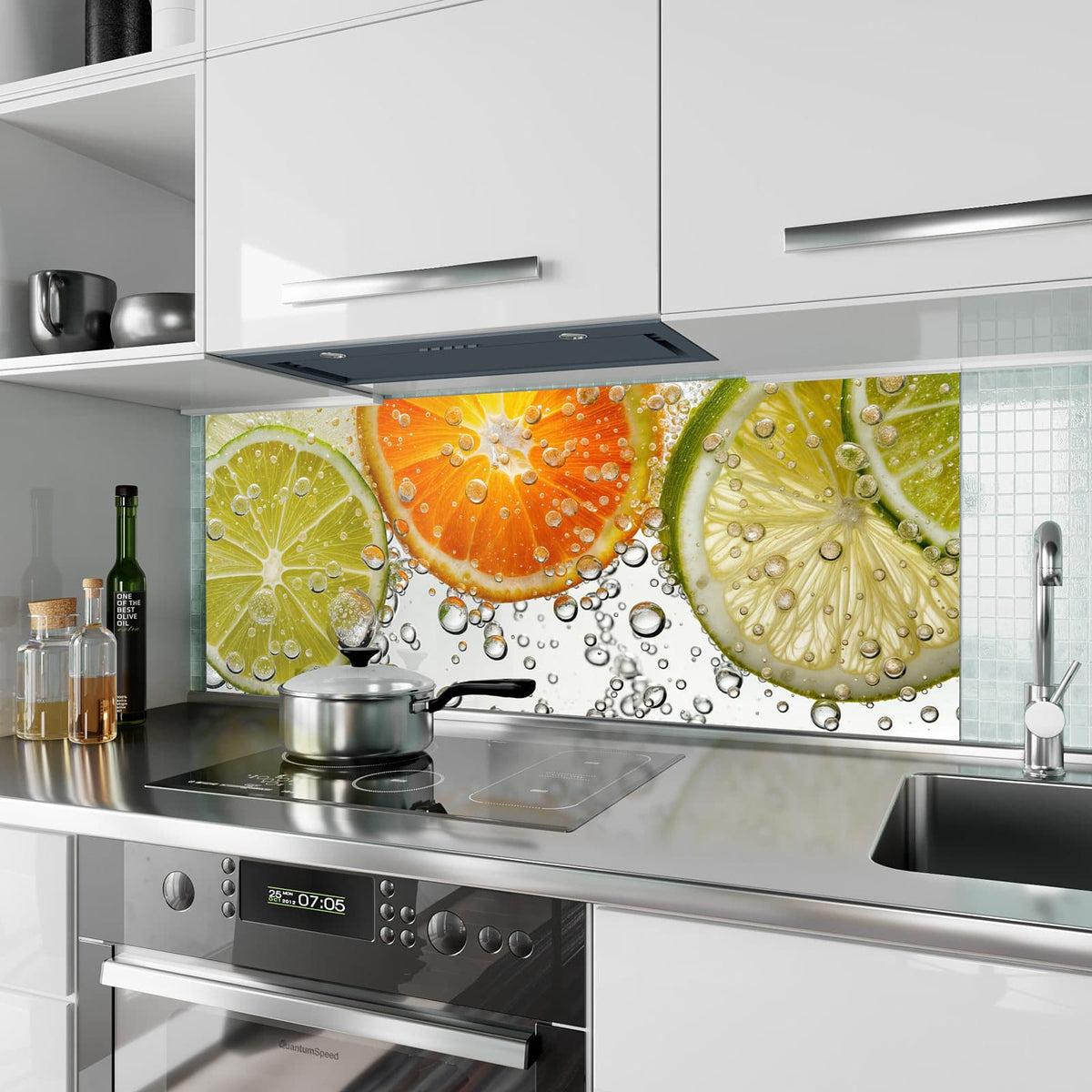 Küchenrückwand aus Glas Zitrusscheiben im Wasser im Hochformat als Spritzschutz hinter dem Kochfeld, über dem Fliesenspiegel montiert