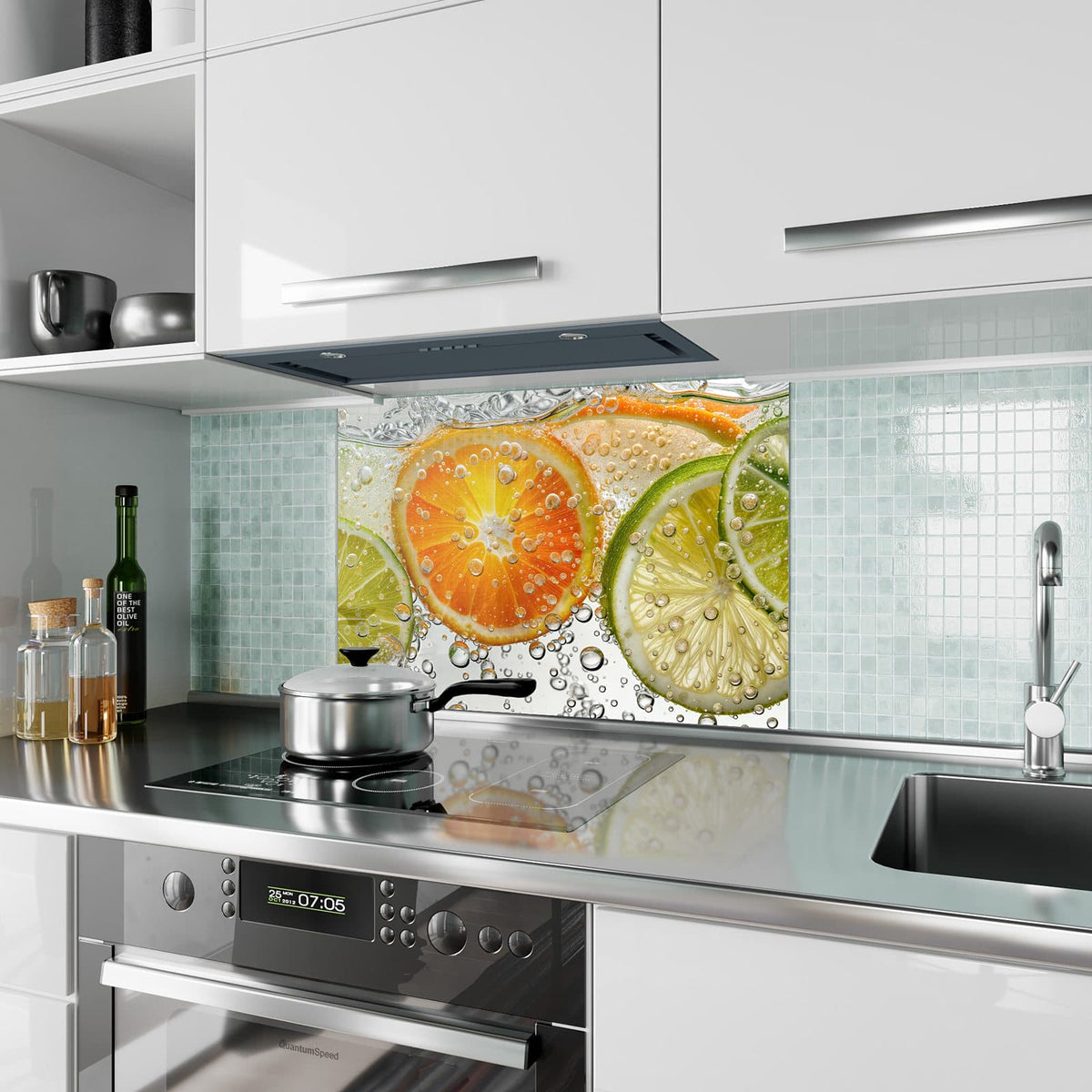 Küchenrückwand aus Glas Zitrusscheiben im Wasser im Hochformat als Spritzschutz hinter dem Kochfeld, über dem Fliesenspiegel montiert