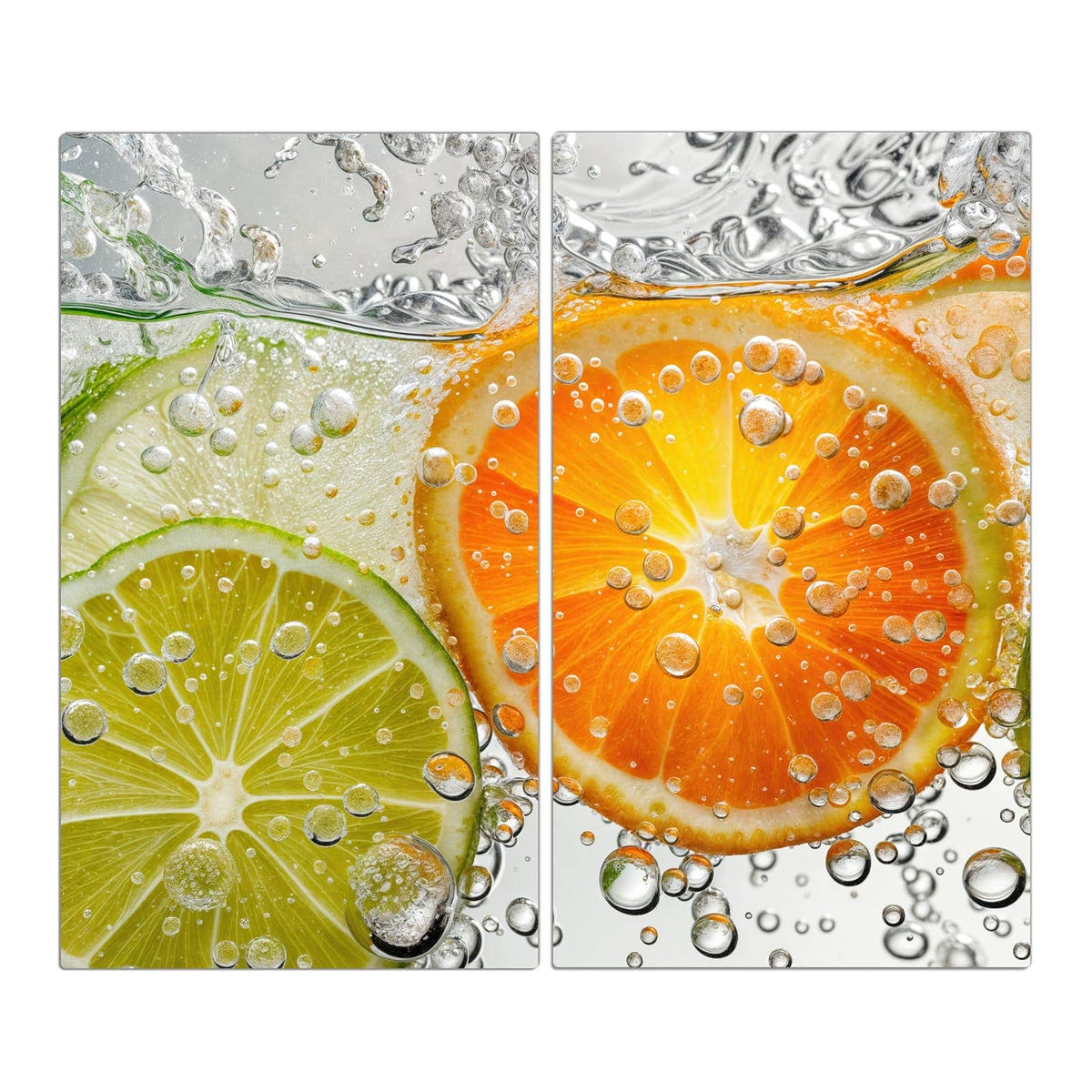 Orangen-, Limetten- und Zitronenscheiben unter Wasser mit Luftblasen