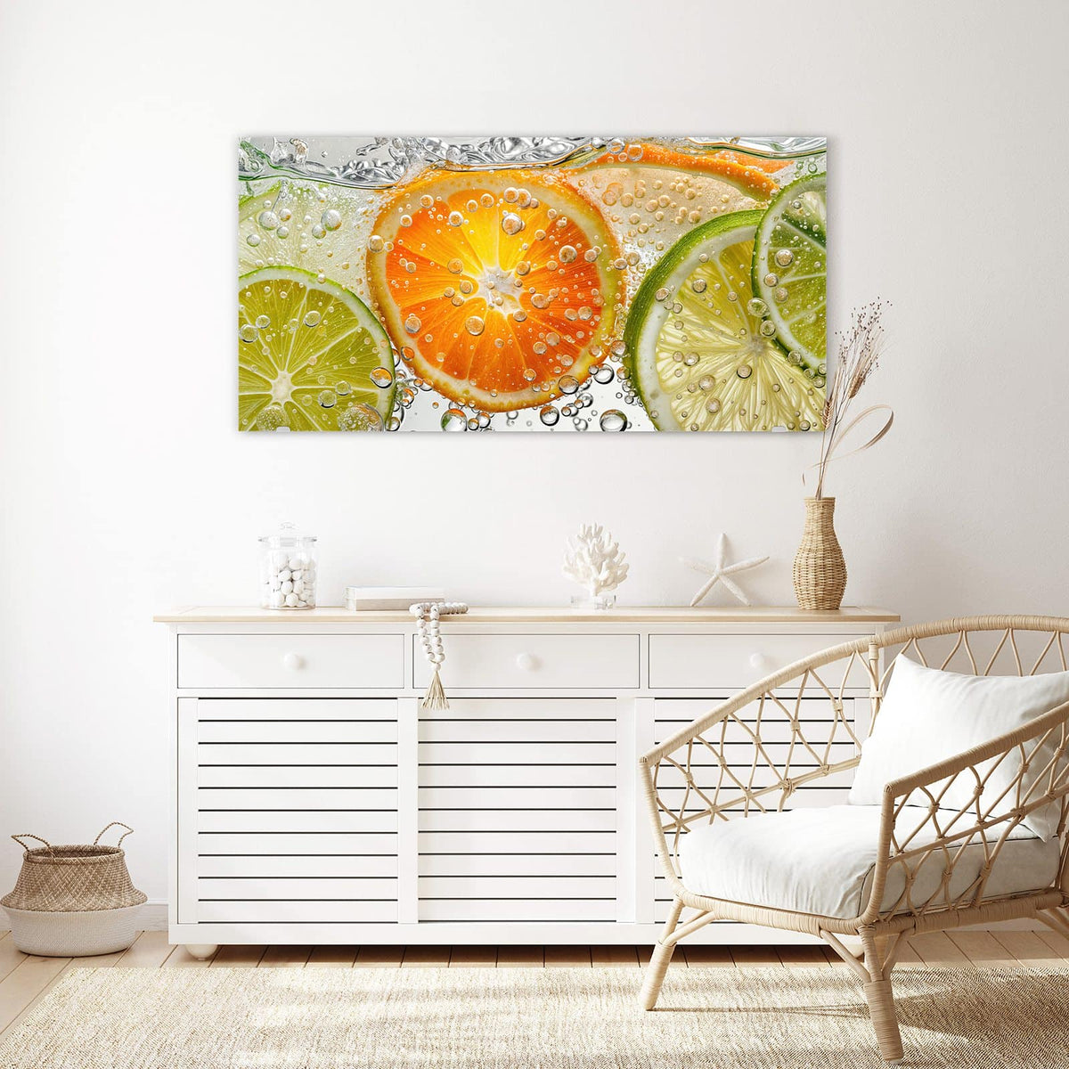 Echtglas, 4 mm – kein Acryl, keine Folie – Wandbild - Zitrusscheiben im Wasser - Querformat