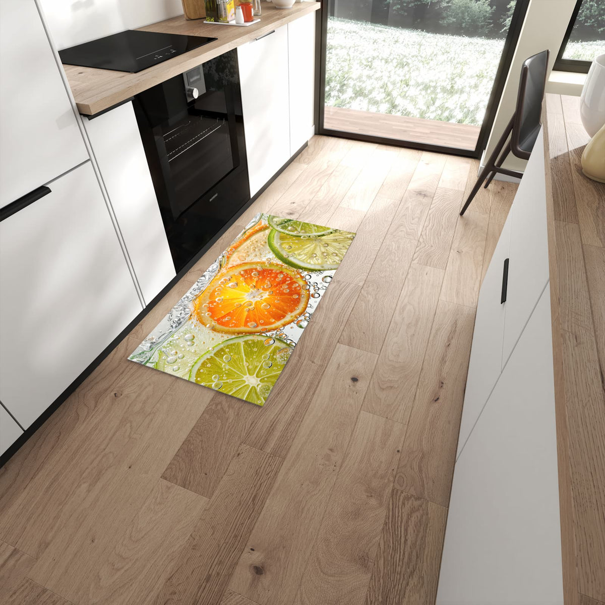 Komfortabler Küchenteppich mit Motiv Frucht Spritzer in moderner Küche #grösse_60 x 120 cm