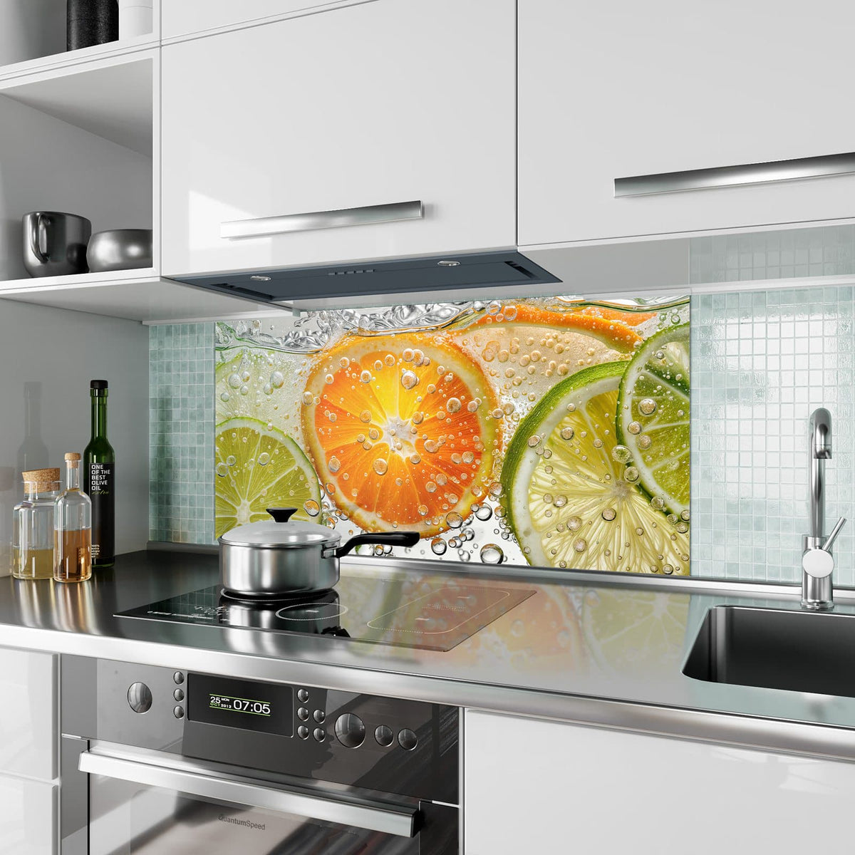 Küchenrückwand aus Glas Zitrusscheiben im Wasser im Hochformat als Spritzschutz hinter dem Kochfeld, über dem Fliesenspiegel montiert