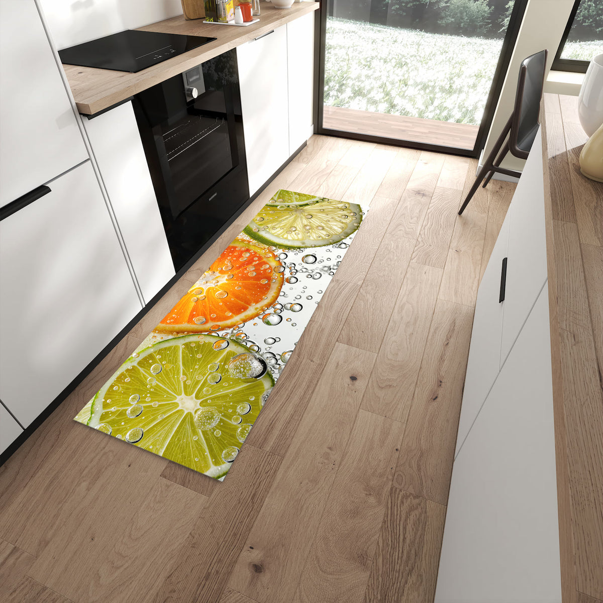Pflegeleichter Küchenteppich mit Motiv Frucht Spritzer in moderner Küche