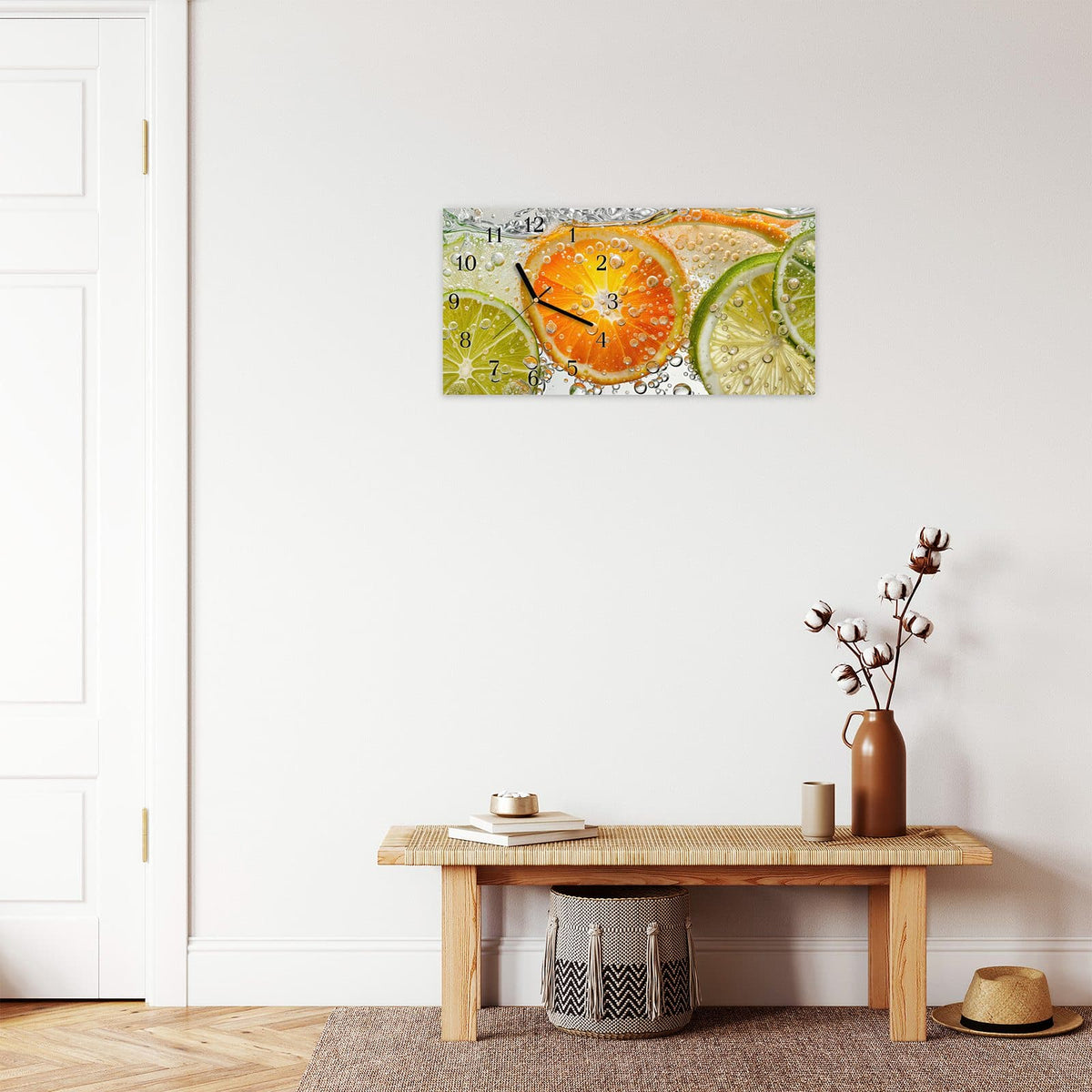 Moderne Wanduhr aus Glas mit Farbtiefe – Wanduhr Frucht Spritzer aus Glas – Querformat 60 × 30 cm