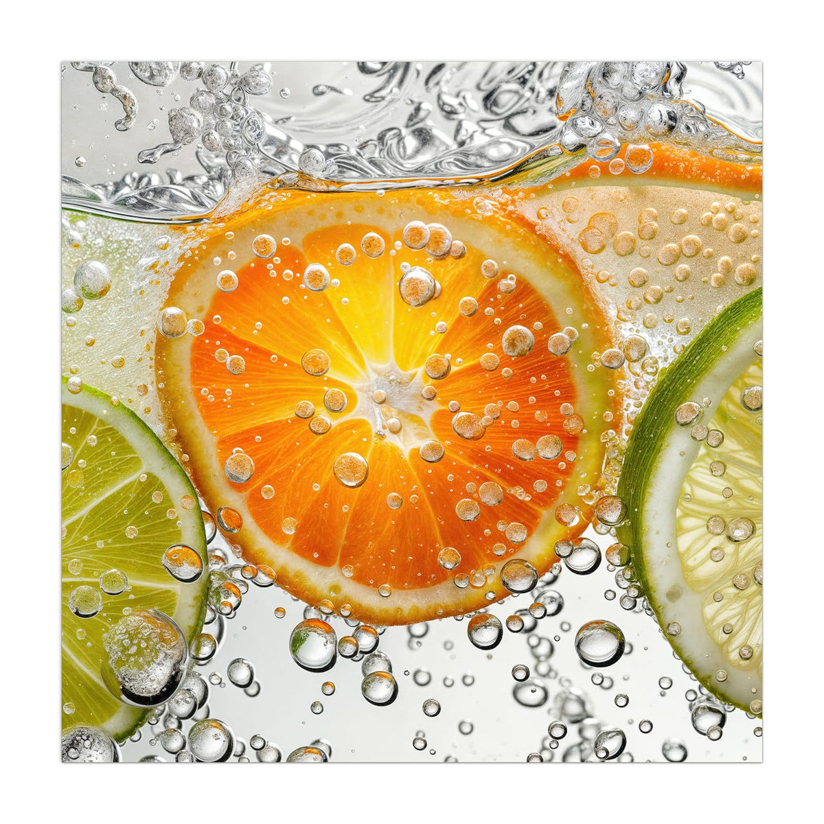Orangen-, Limetten- und Zitronenscheiben unter Wasser mit Luftblasen
