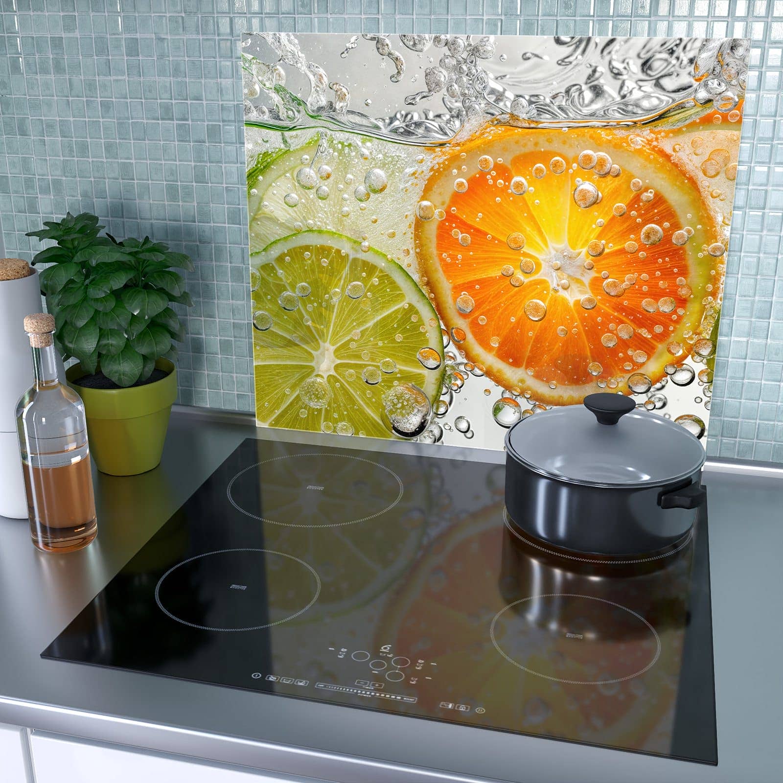 1-teilige Glasplatte für Herd mit Frucht Spritzer-Motiv als Spritzschutz hinter dem Kochfeld