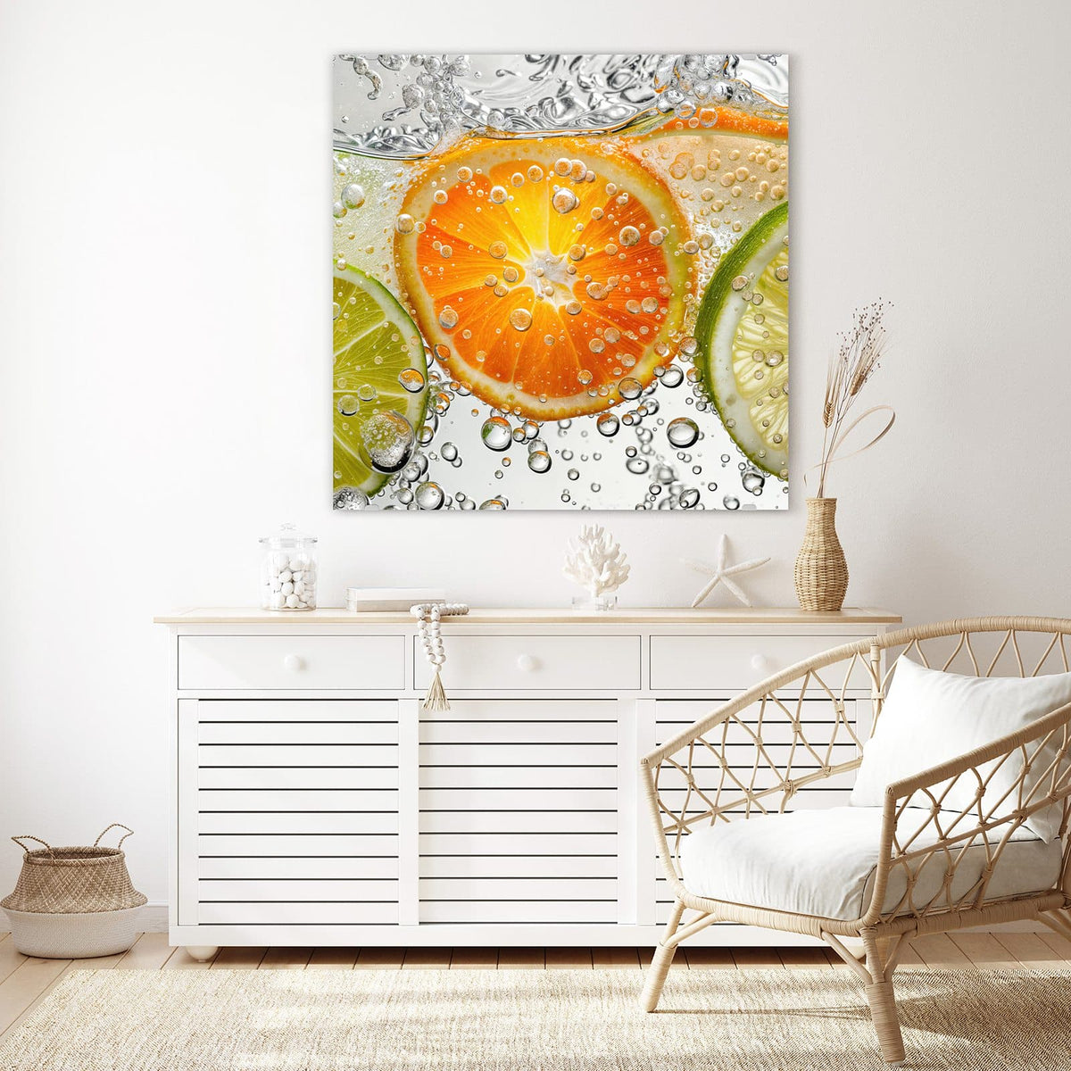 Echtglas, 4 mm – kein Acryl, keine Folie – Wandbild - Zitrusscheiben im Wasser - Quadratisch