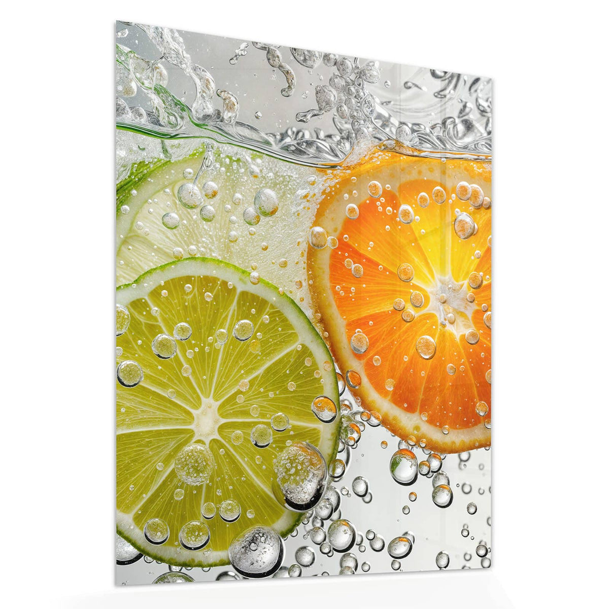 Echtglas, 4 mm – kein Acryl, keine Folie – Wandbild - Zitrusscheiben im Wasser - Hochformat