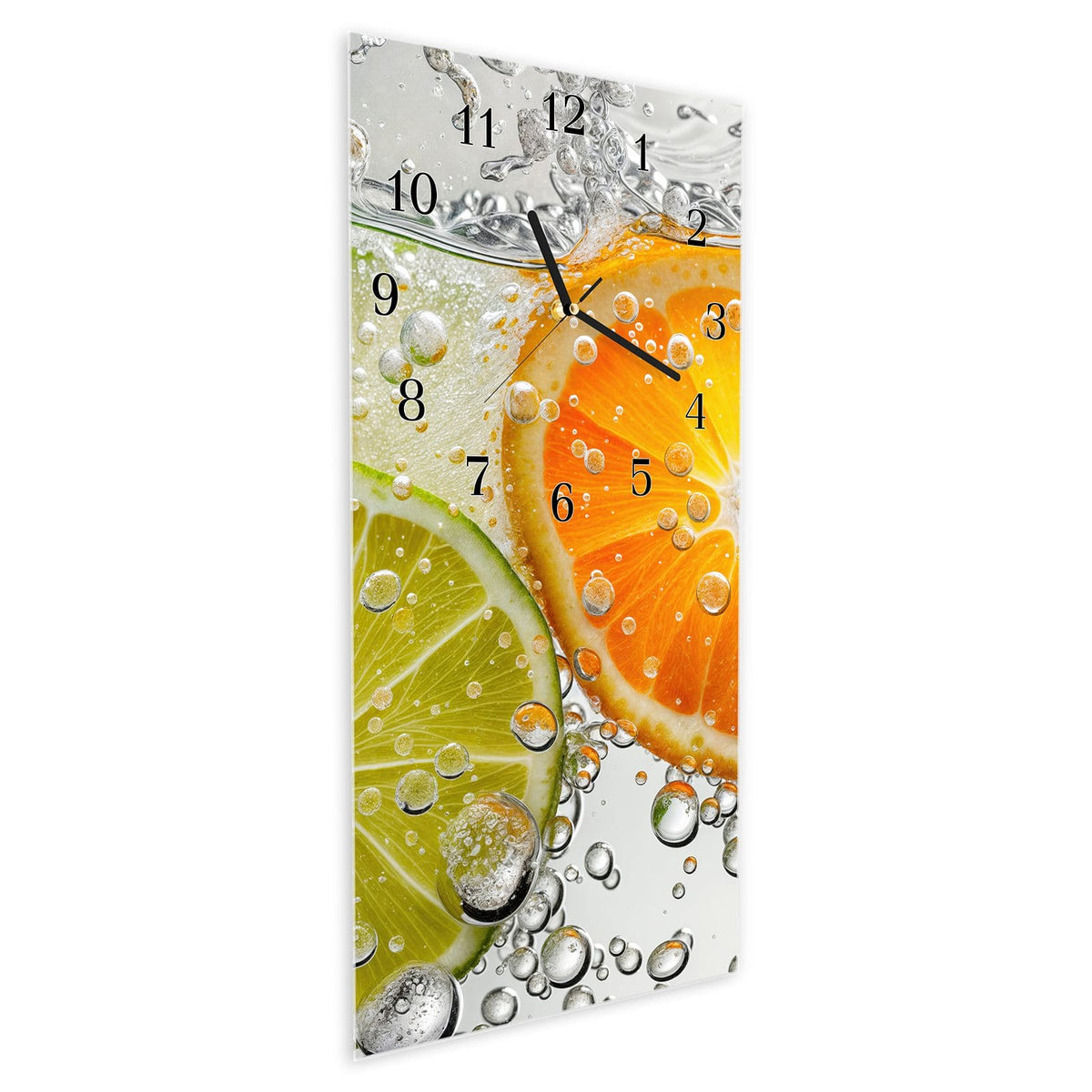 Vormontiert – mit Schwebeeffekt – Wanduhr Frucht Spritzer aus Glas – Hochformat 30 × 60 cm