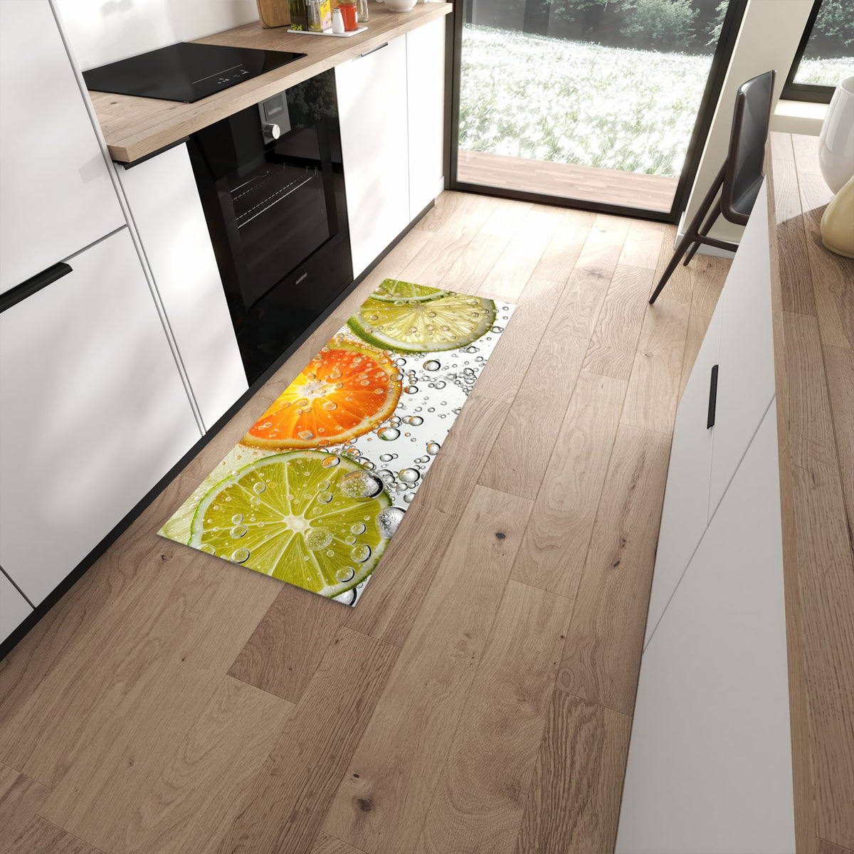 Rutschfester Küchenteppich mit Motiv Frucht Spritzer in moderner Küche #grösse_60 x 150 cm