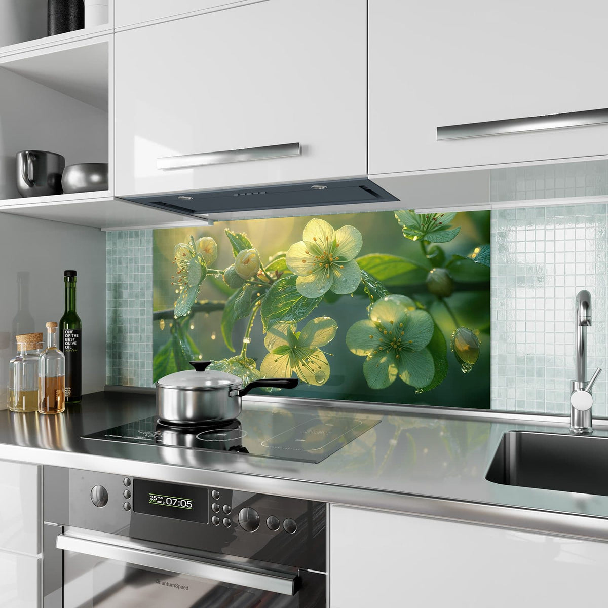 Küchenrückwand aus Glas Blüten mit Morgentau im Hochformat als Spritzschutz hinter dem Kochfeld, über dem Fliesenspiegel montiert