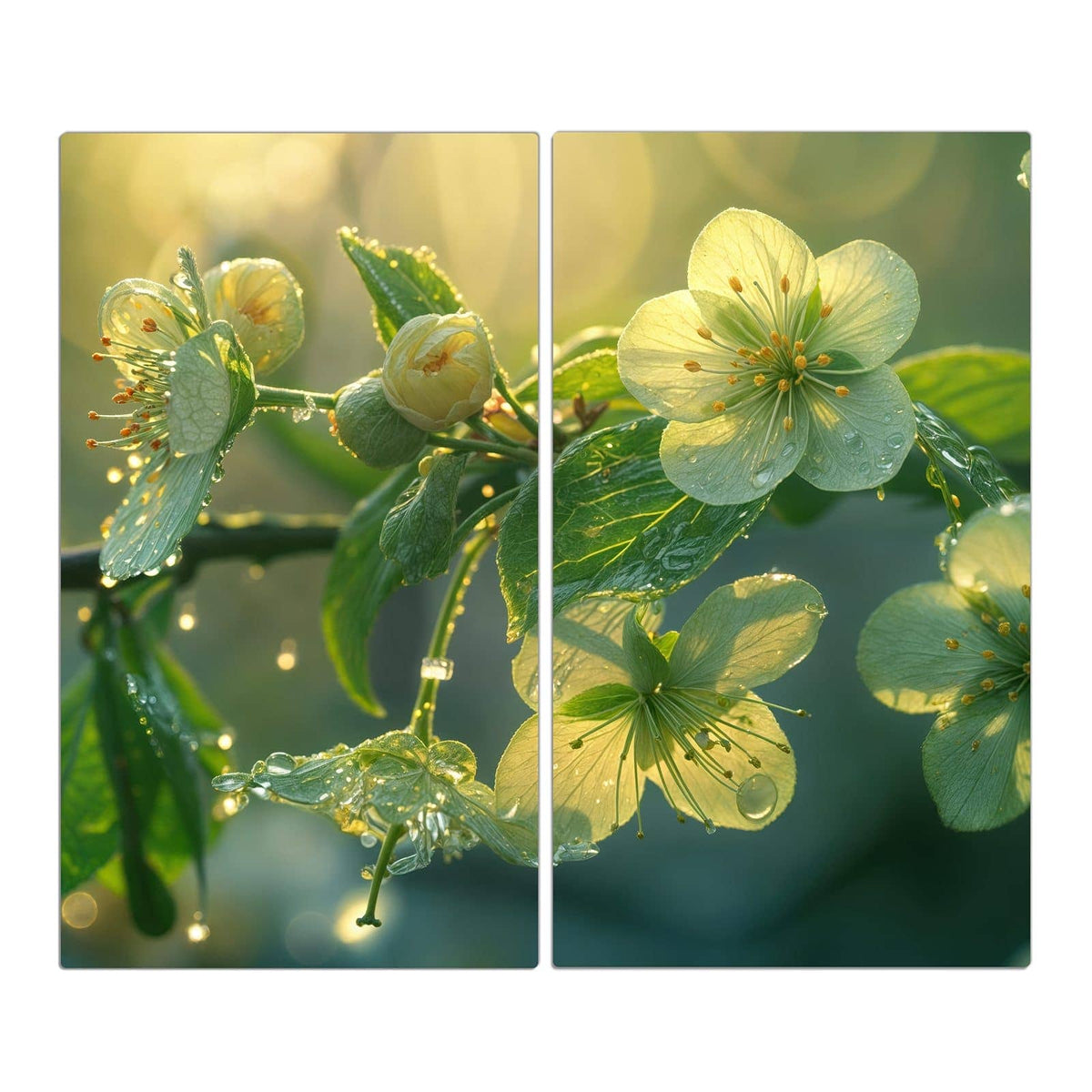 Offene gelbgrüne Blüten und Knospen an einem Zweig, dicht mit Tautropfen besetzt