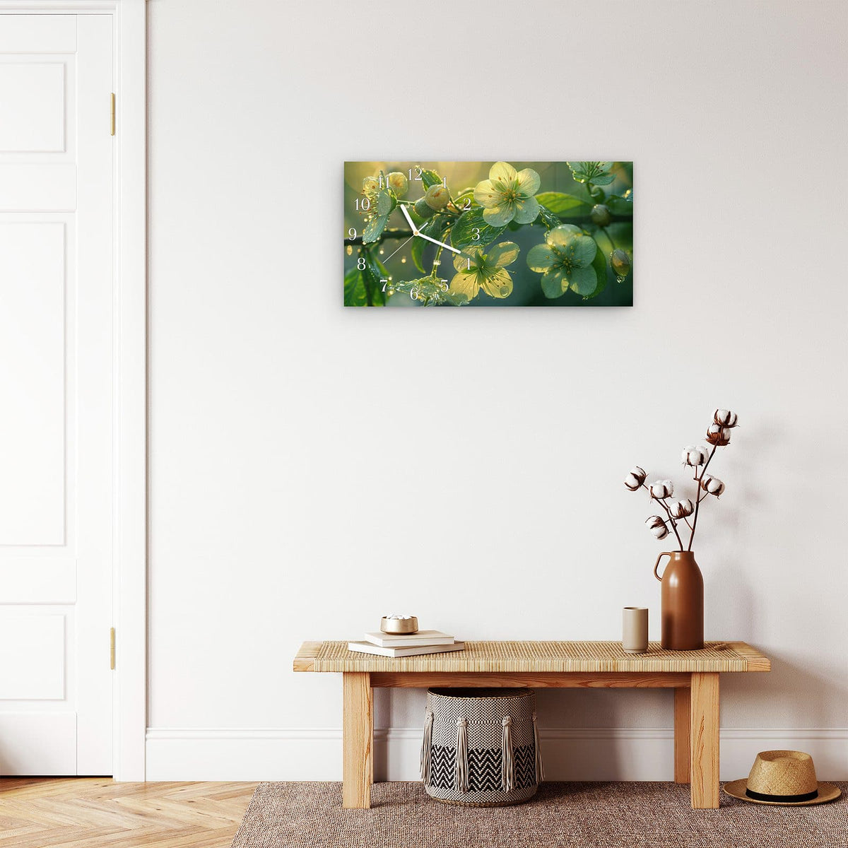 Moderne Wanduhr aus Glas mit Farbtiefe – Wanduhr Blühende Knospen aus Glas – Querformat 60 × 30 cm