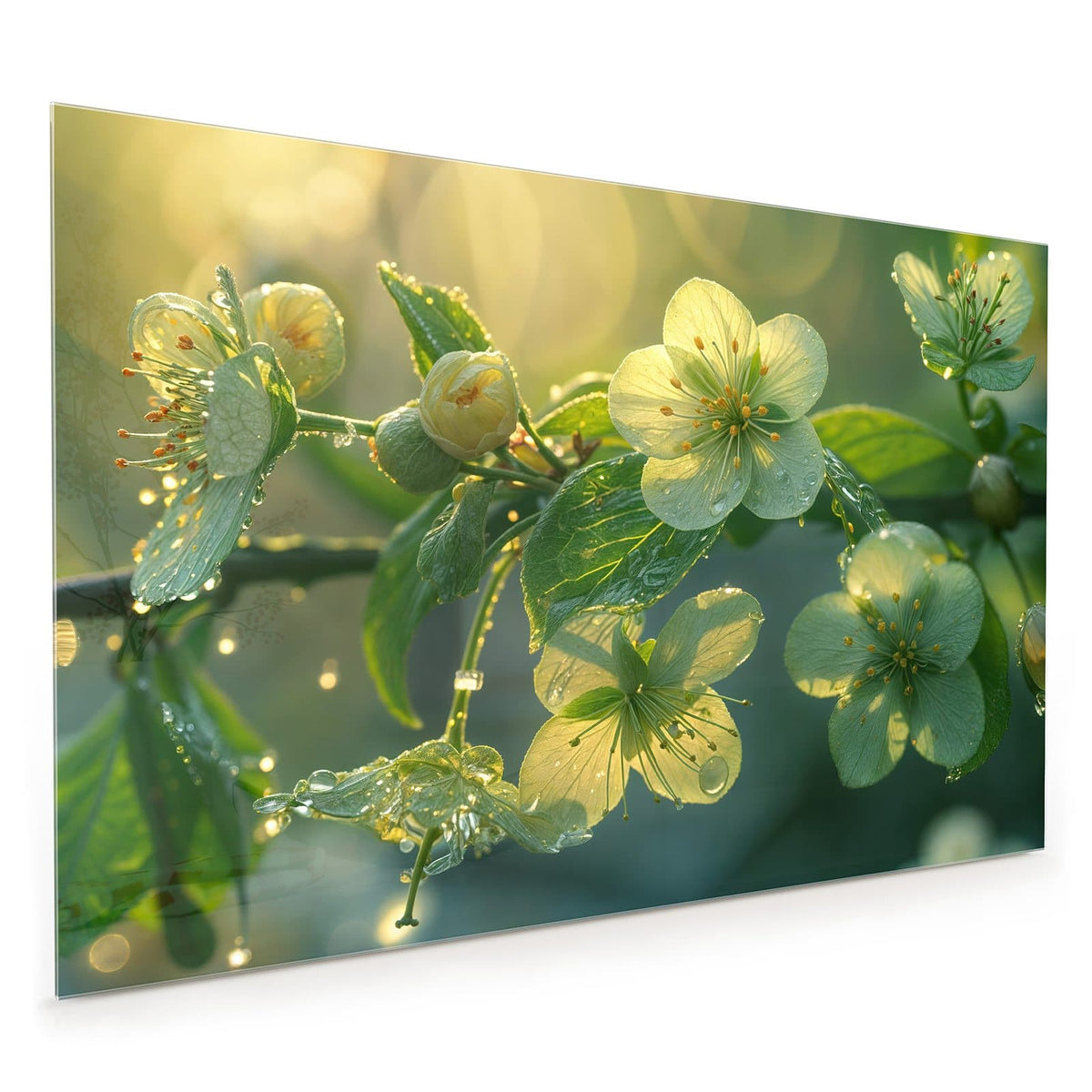 Küchenrückwand aus Glas im Hochformat mit Motiv Blüten mit Morgentau: Offene gelbgrüne Blüten und Knospen an einem Zweig, dicht mit Tautropfen besetzt