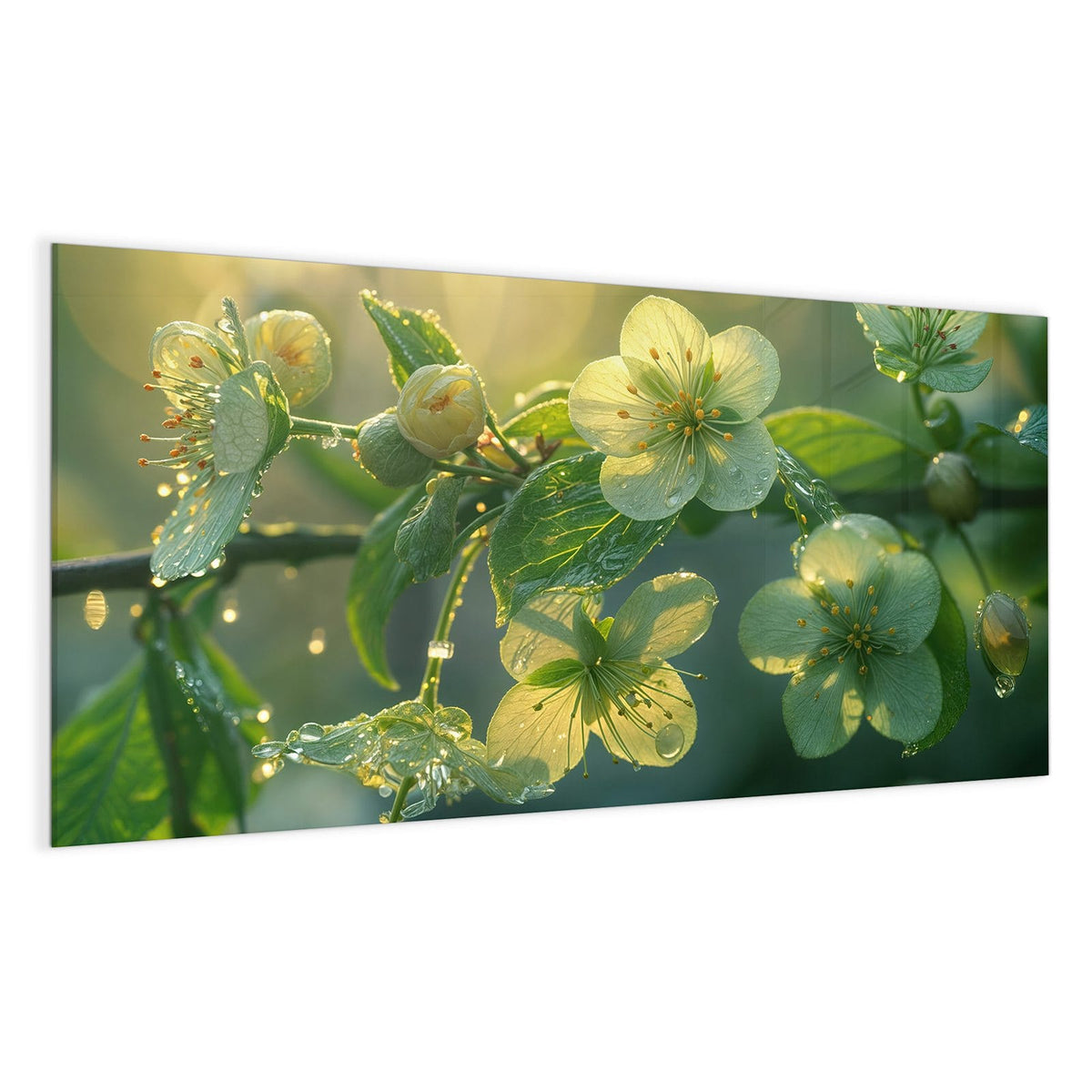 Offene gelbgrüne Blüten und Knospen an einem Zweig, dicht mit Tautropfen besetzt