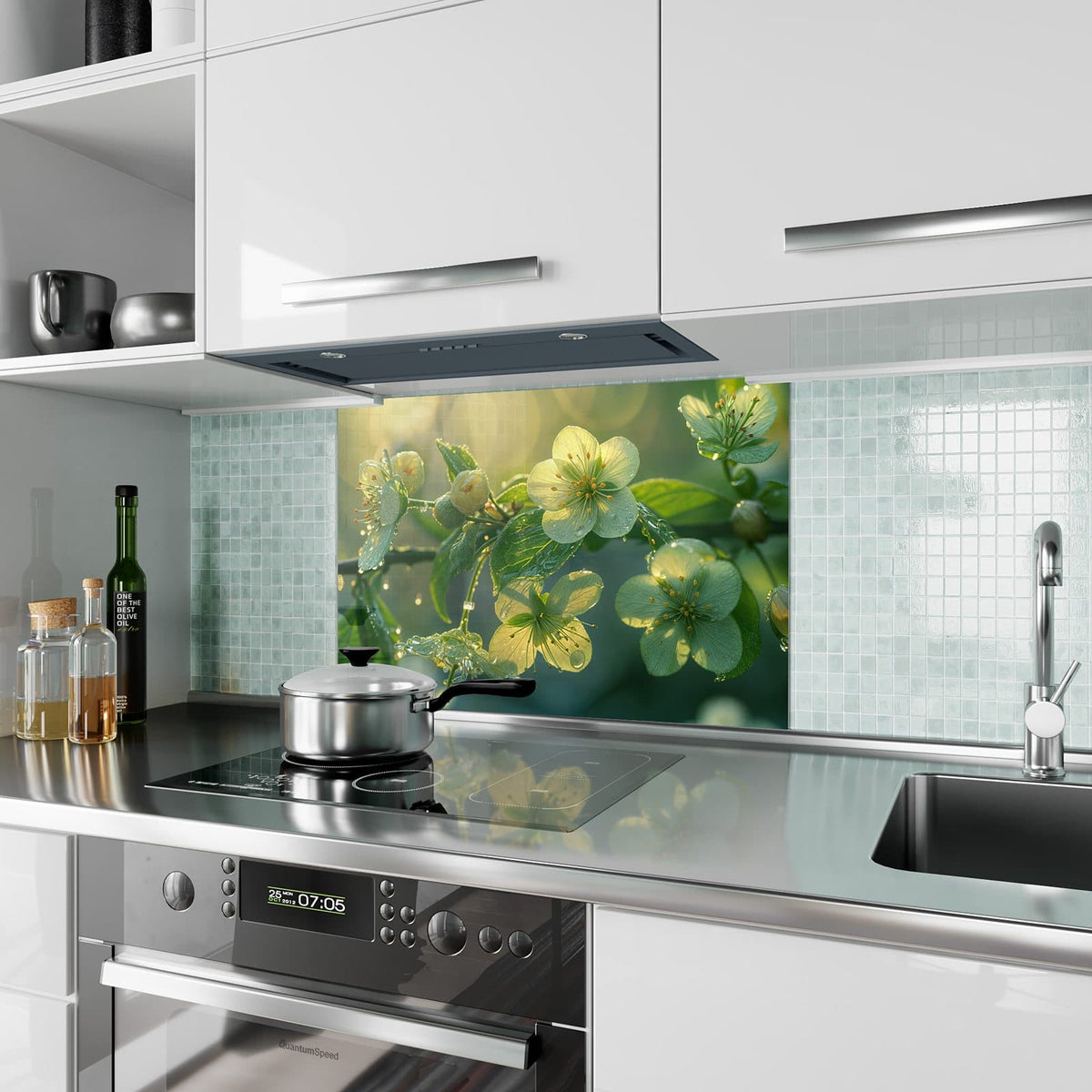 Küchenrückwand aus Glas Blüten mit Morgentau im Hochformat als Spritzschutz hinter dem Kochfeld, über dem Fliesenspiegel montiert