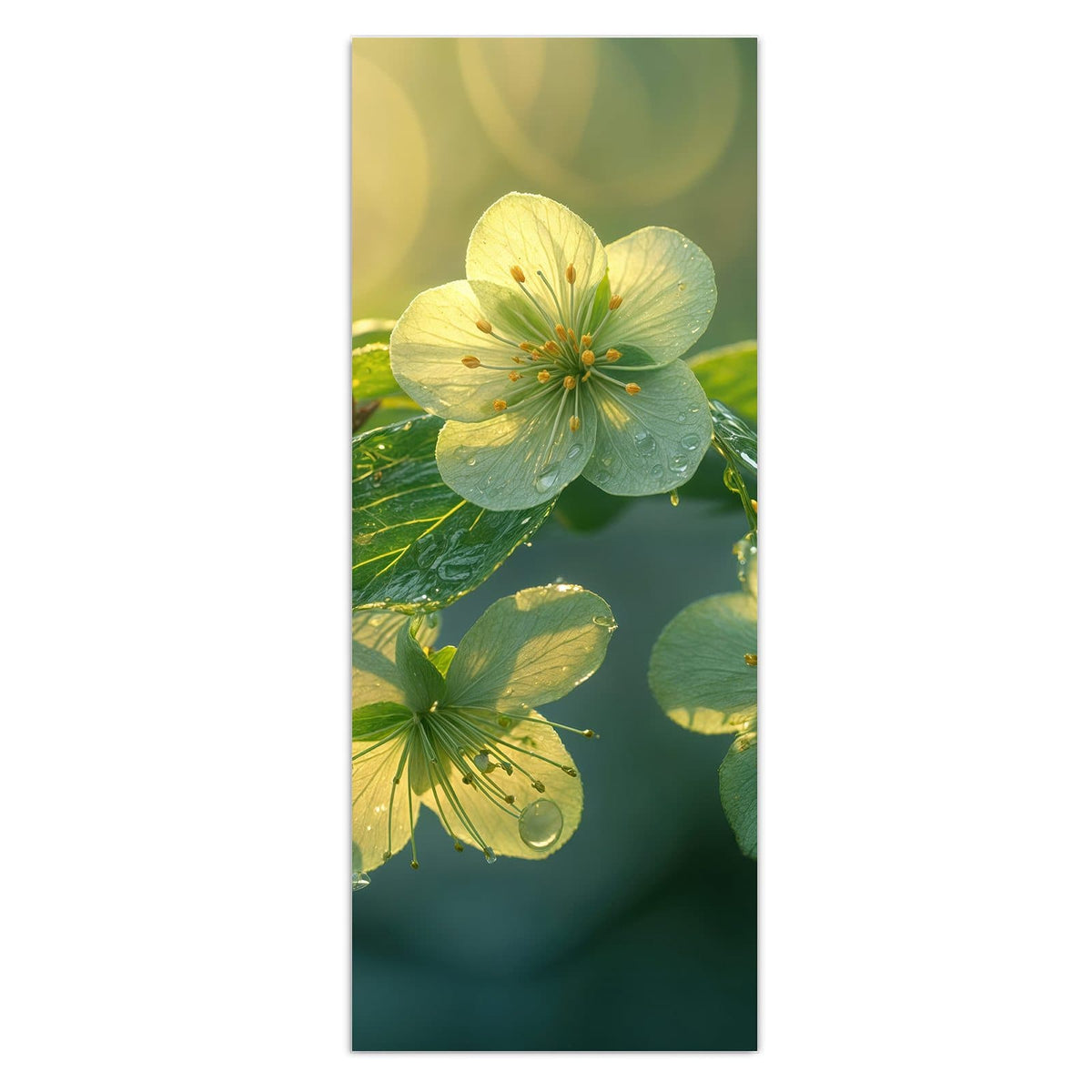 Wandbild - Blüten mit Morgentau - Hochformat – Zarte Blüten mit Morgentau