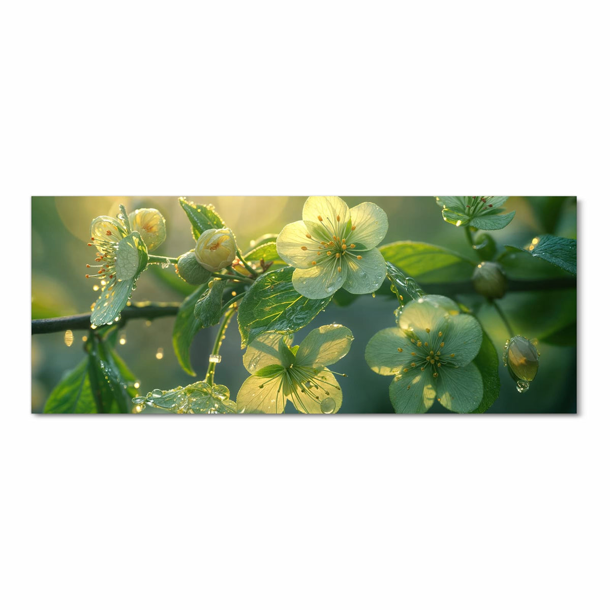 Offene gelbgrüne Blüten und Knospen an einem Zweig, dicht mit Tautropfen besetzt