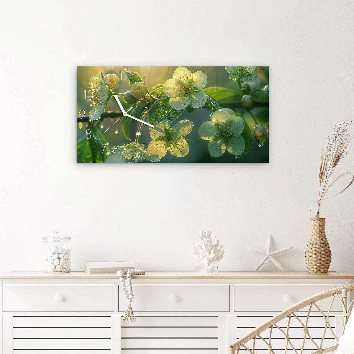 Wanduhr Blühende Knospen aus Glas – Querformat 60 × 30 cm – Zarte Blüten mit Morgentau