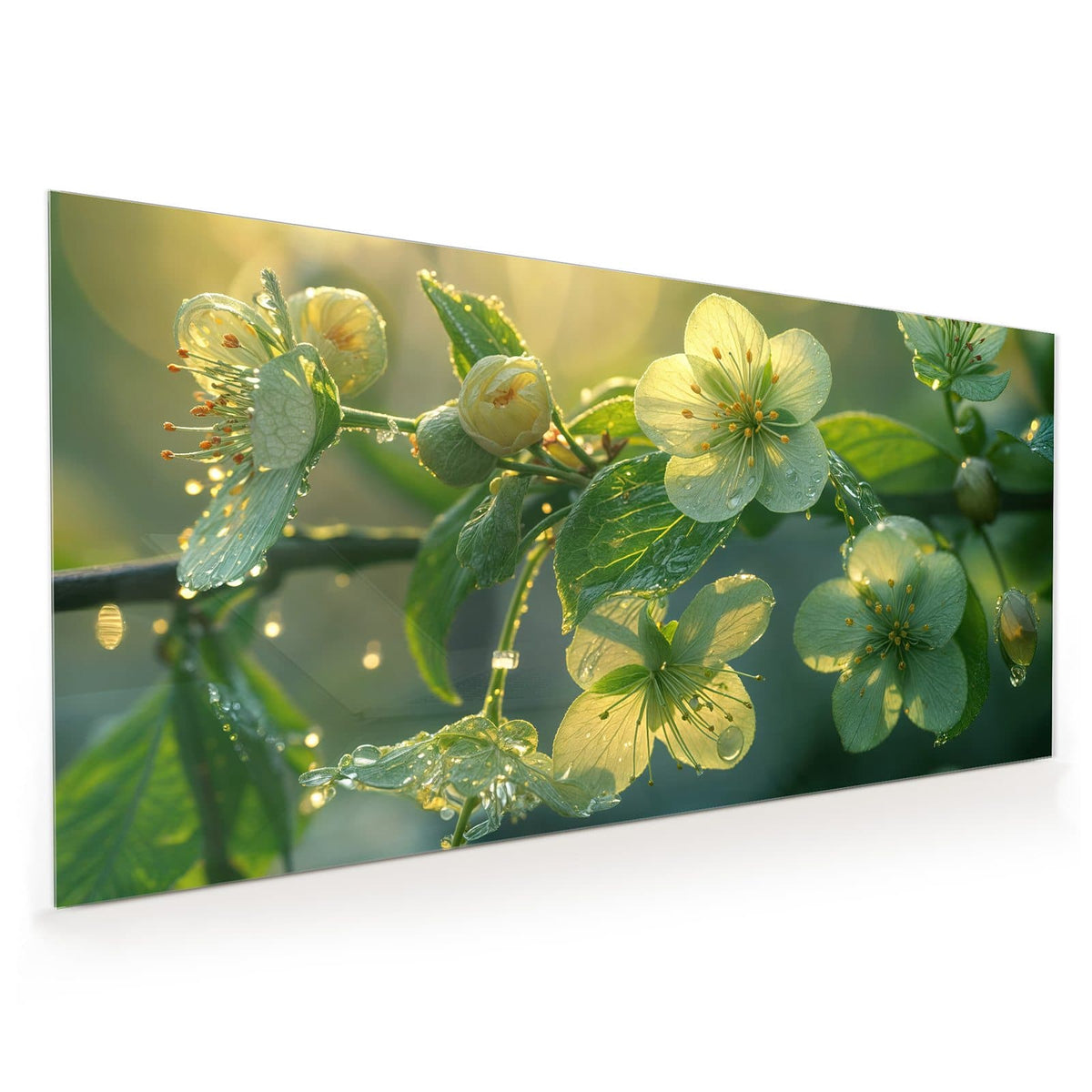 Küchenrückwand aus Glas im Hochformat mit Motiv Blüten mit Morgentau: Offene gelbgrüne Blüten und Knospen an einem Zweig, dicht mit Tautropfen besetzt