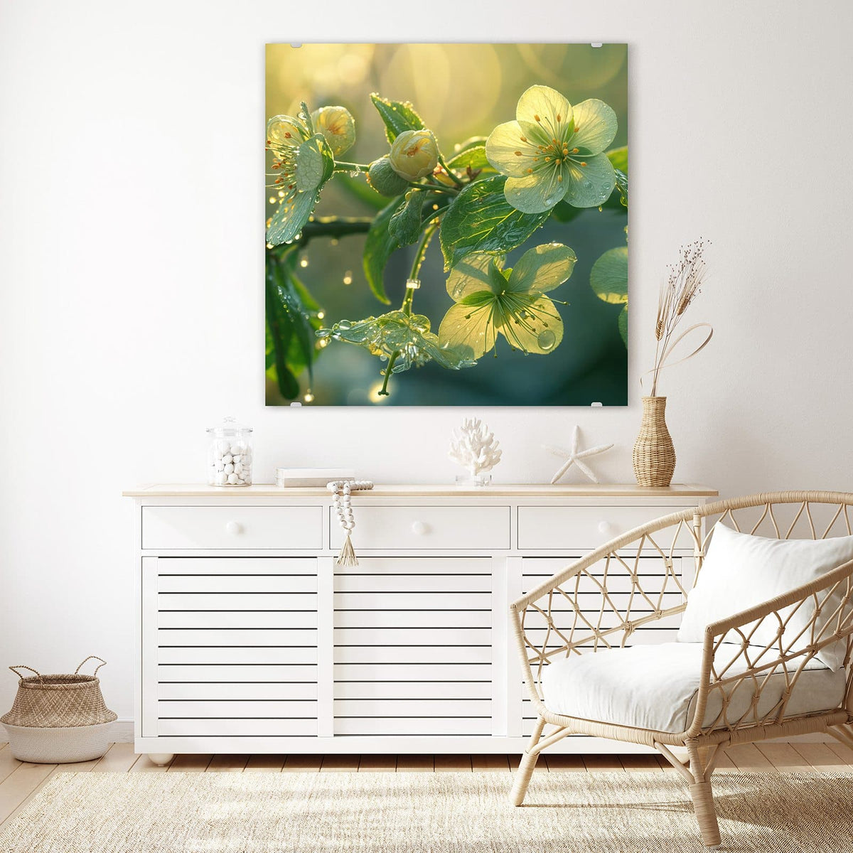 Glasbild Blüten mit Morgentau an der Wand – Offene gelbgrüne Blüten und Knospen an einem Zweig, dicht mit Tautropfen besetzt