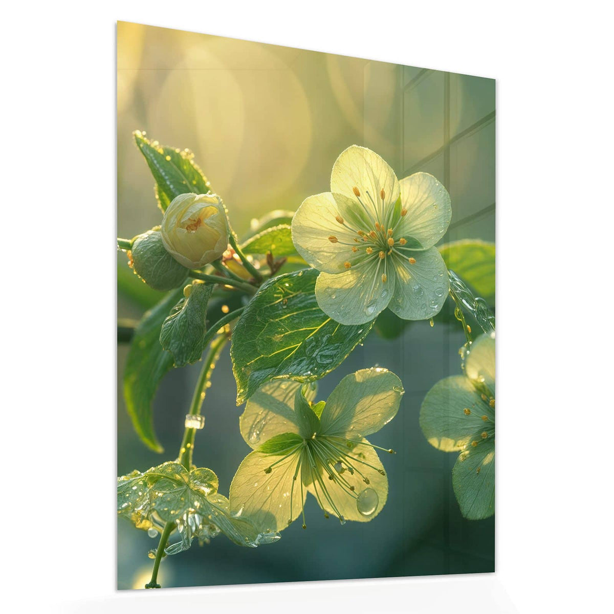 Echtglas, 4 mm – kein Acryl, keine Folie – Wandbild - Blüten mit Morgentau - Hochformat