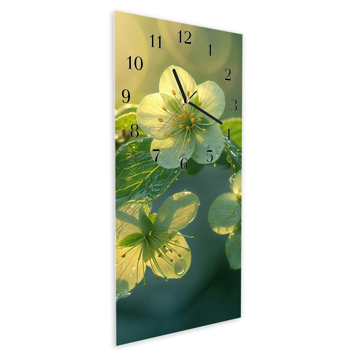 Vormontiert – mit Schwebeeffekt – Wanduhr Blühende Knospen aus Glas – Hochformat 30 × 60 cm