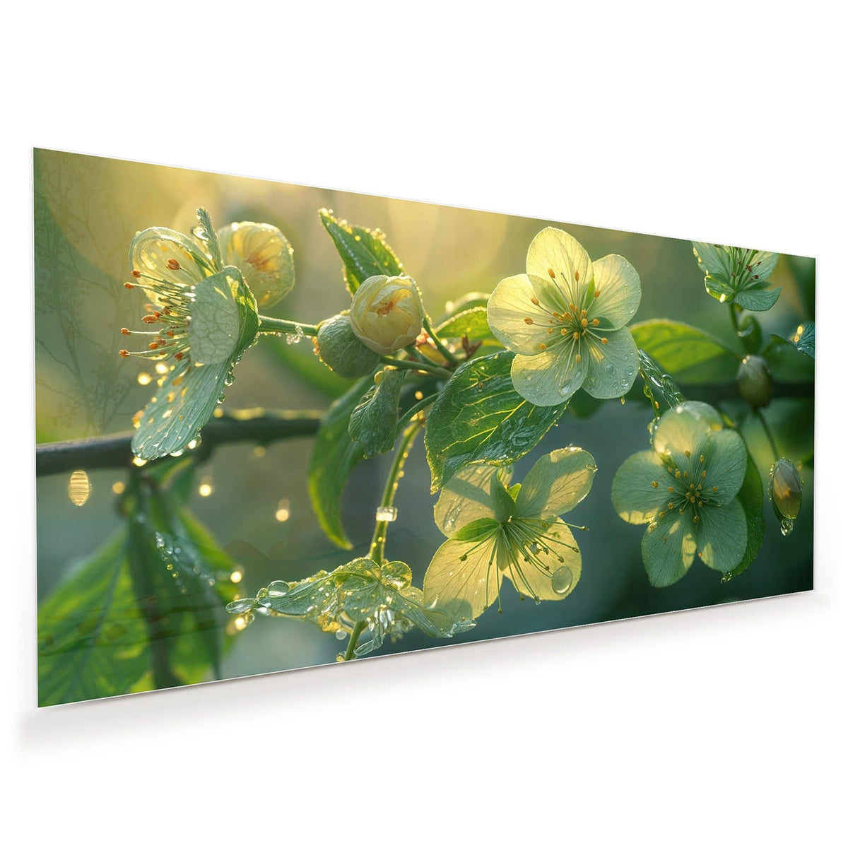 Offene gelbgrüne Blüten und Knospen an einem Zweig, dicht mit Tautropfen besetzt
