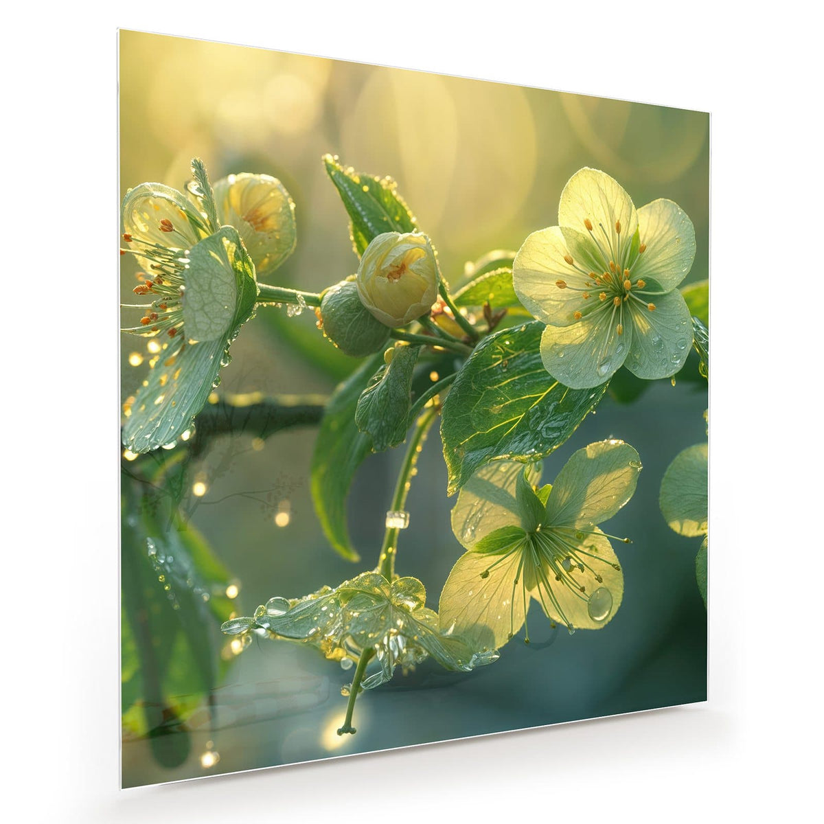 Offene gelbgrüne Blüten und Knospen an einem Zweig, dicht mit Tautropfen besetzt
