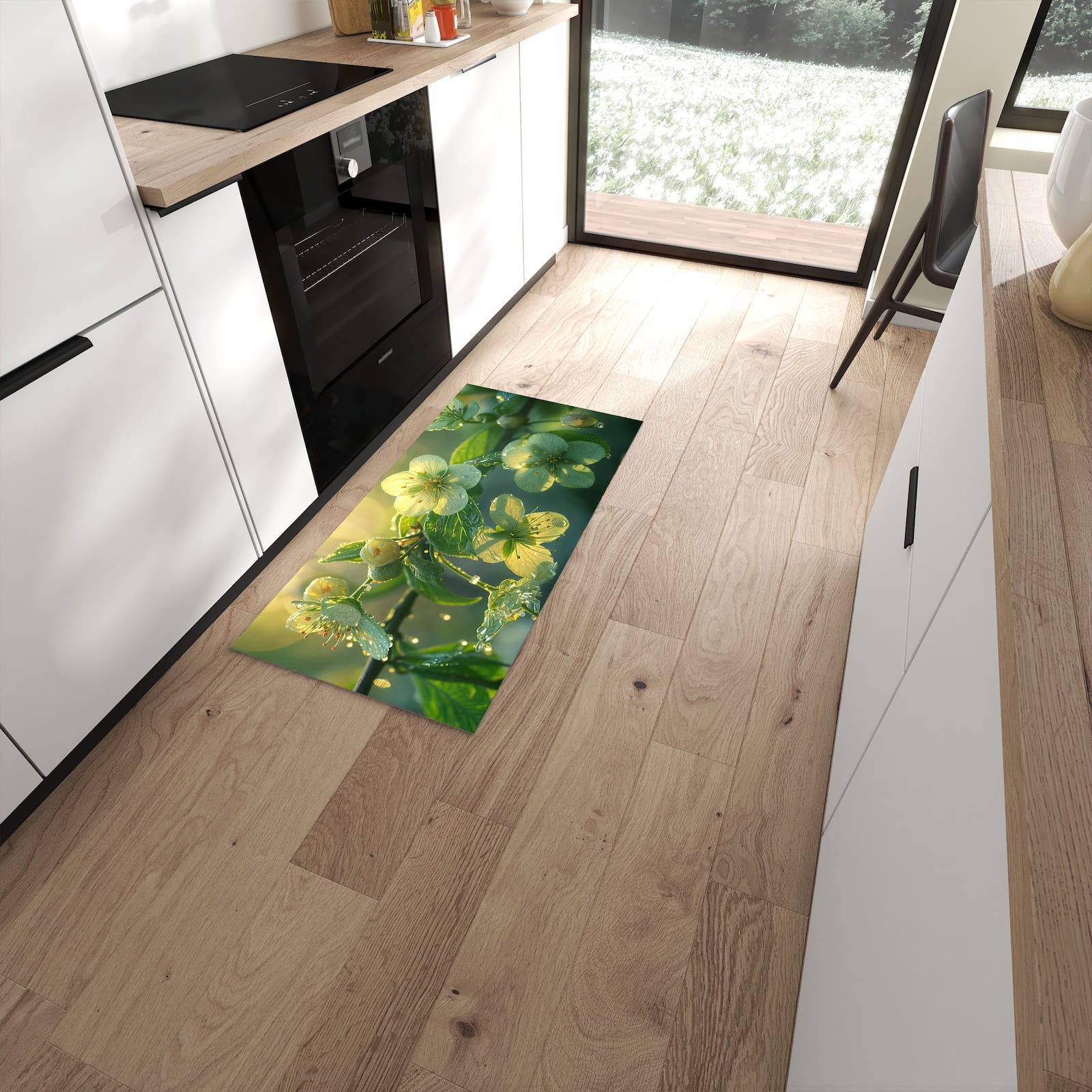 Waschbarer Küchenläufer mit Motiv Blühende Knospen in moderner Küche für sicheres Aufbewahren #grösse_60 x 120 cm