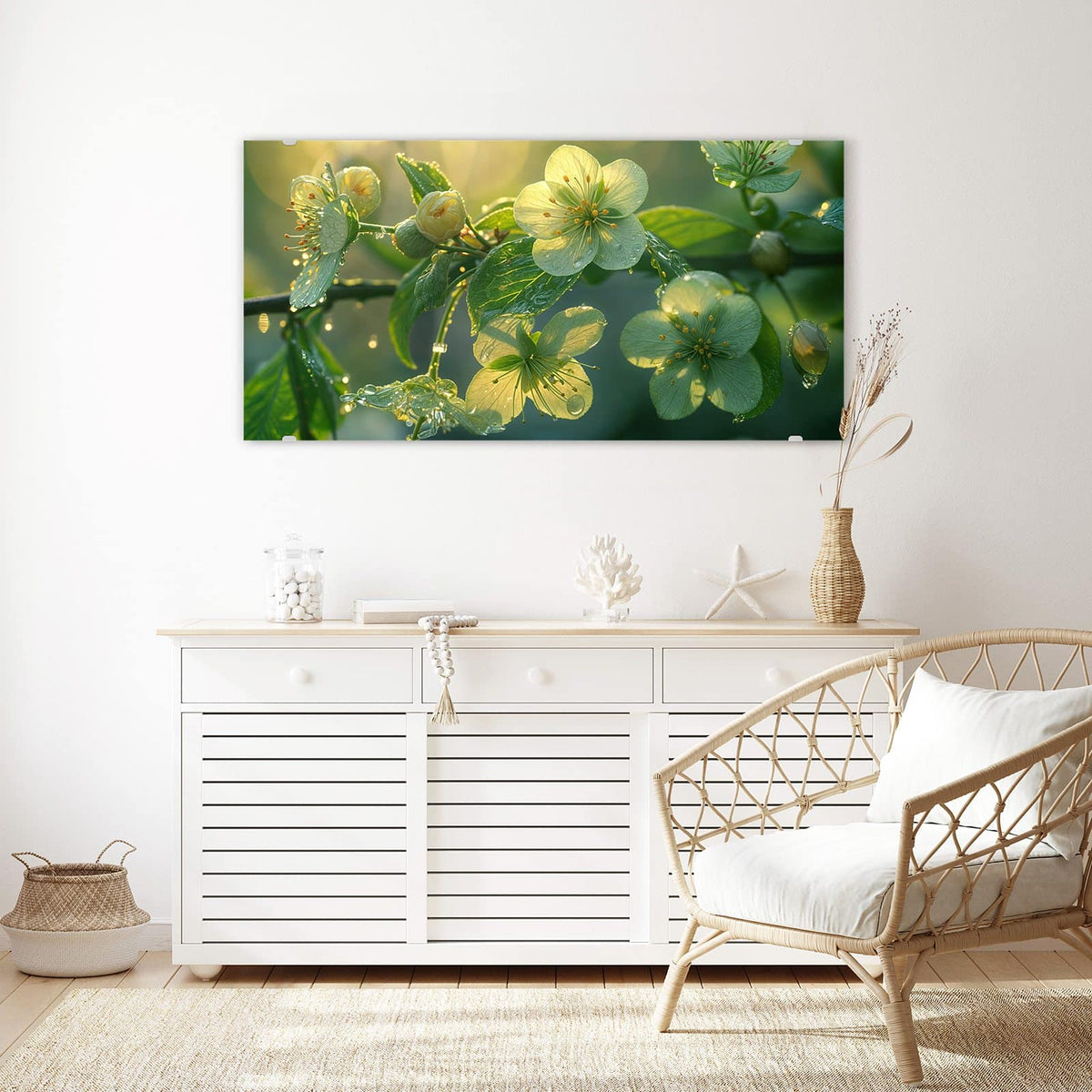 Echtglas, 4 mm – kein Acryl, keine Folie – Wandbild - Blüten mit Morgentau - Querformat