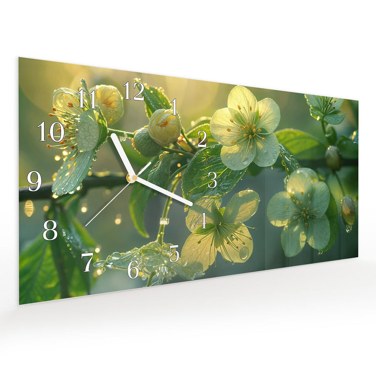 Vormontiert – mit Schwebeeffekt – Wanduhr Blühende Knospen aus Glas – Querformat 60 × 30 cm