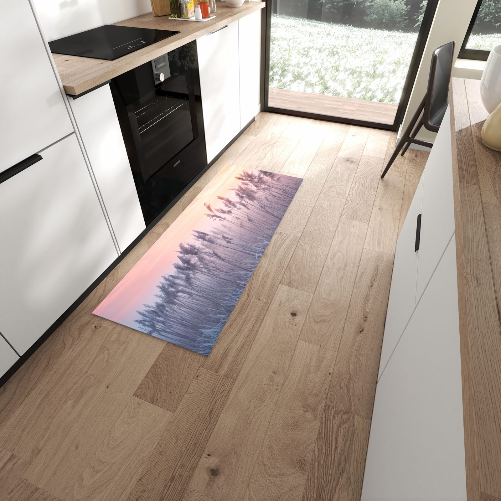 Küchenteppich mit Motiv Nebelwiese am Morgen für angenehme Haptik in moderner Küche #grösse_60 x 150 cm